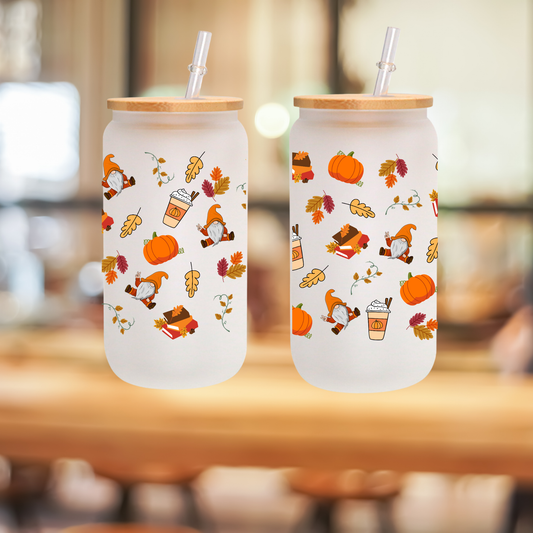 Autumn Vibes Frosted Glass Cup – 16oz / 20oz – With Bamboo Lid & Glass Straw