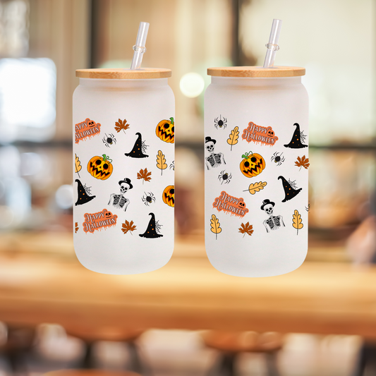 Halloween Frosted Glass Tumbler Set 16oz/20oz – Bamboo Lid, Glass Straw & Brush
