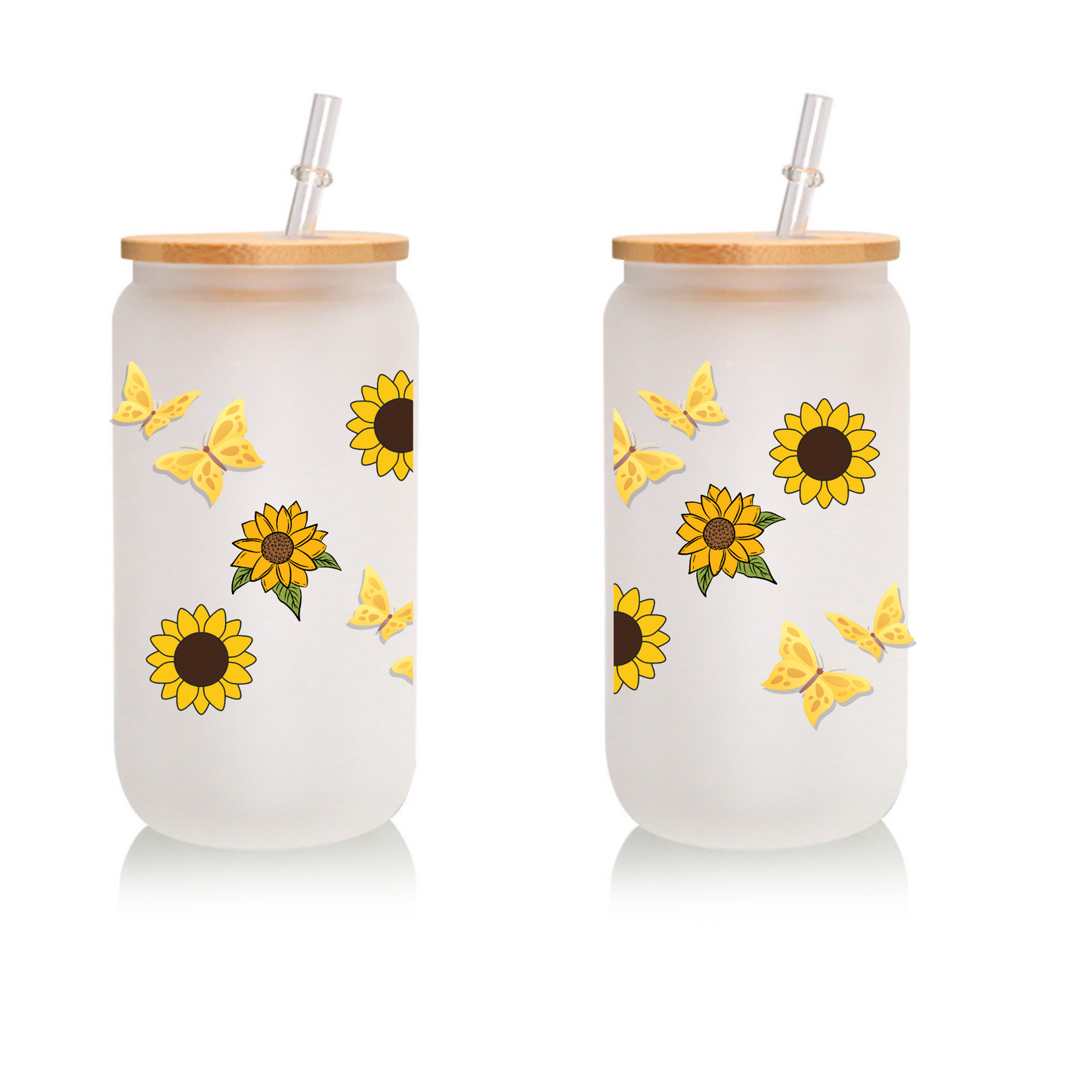 Sunflower & Butterfly Frosted Glass Can with Bamboo Lid and Straw – 16oz/20oz