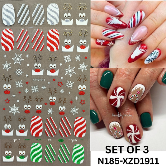 Merry Christmas Nail Stickers – Candy Stripe & Reindeer Design