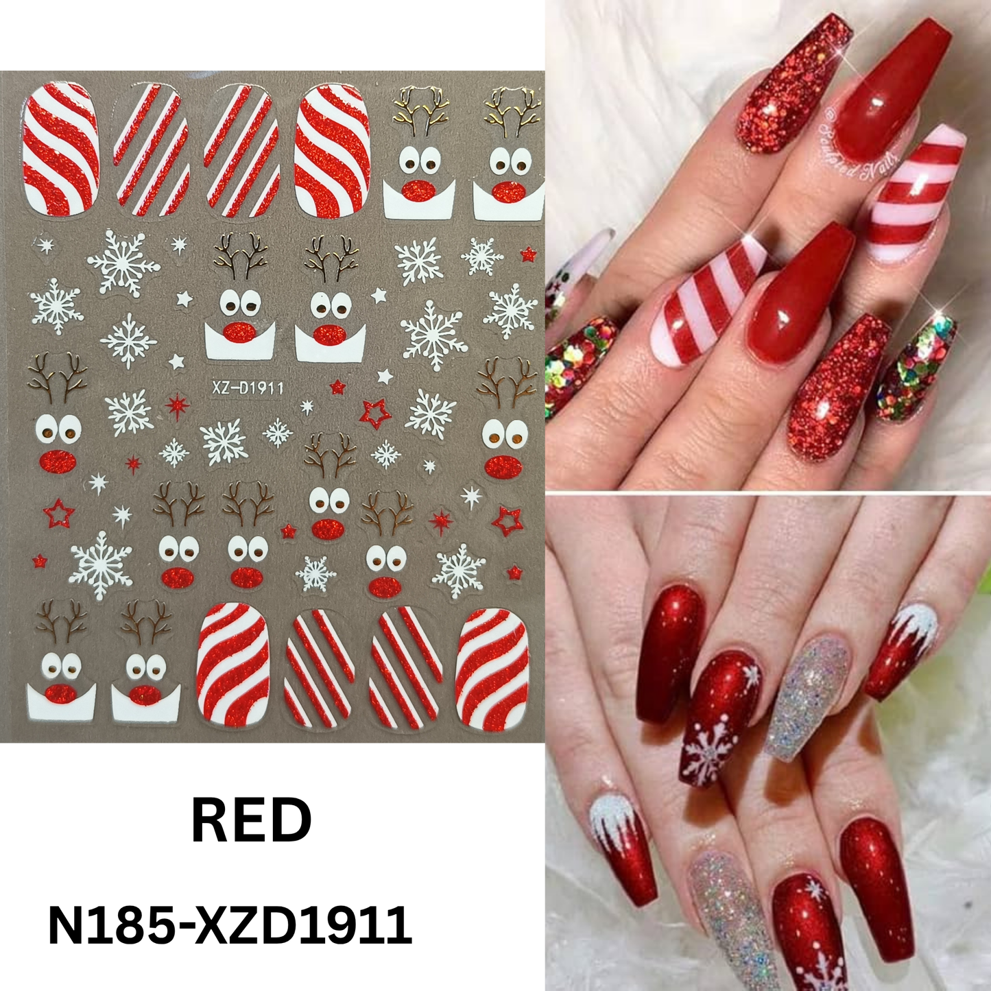 Set of 12 Christmas 3D Nail Decals – Holiday Reindeer, Candy Cane, Santa & Snowflake Designs