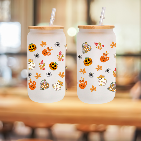 Halloween Party Glass Tumbler – Cute Ghost, Autumn Leaves, Fun Pumpkin Design