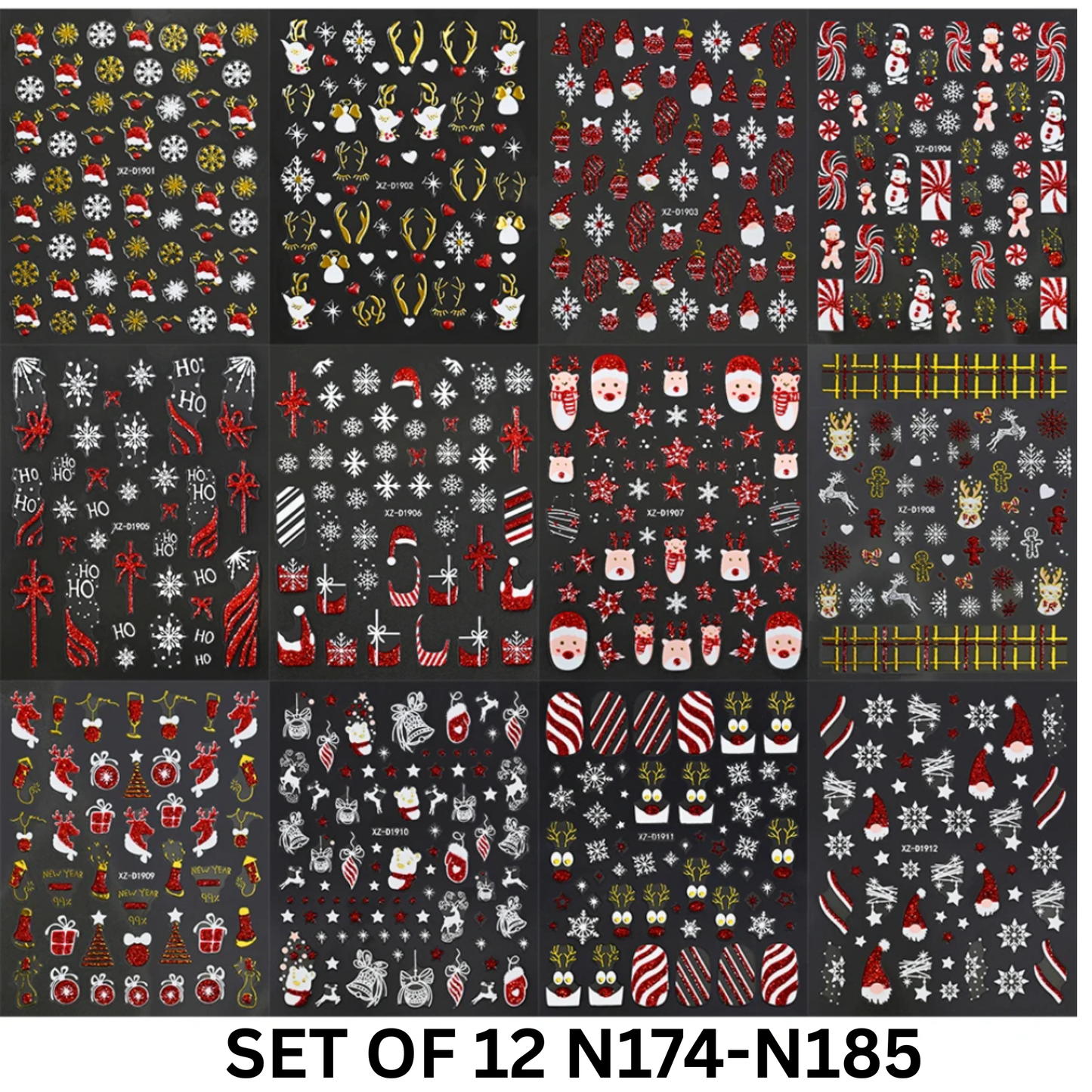 Set of 12 Christmas 3D Nail Decals – Holiday Reindeer, Candy Cane, Santa & Snowflake Designs