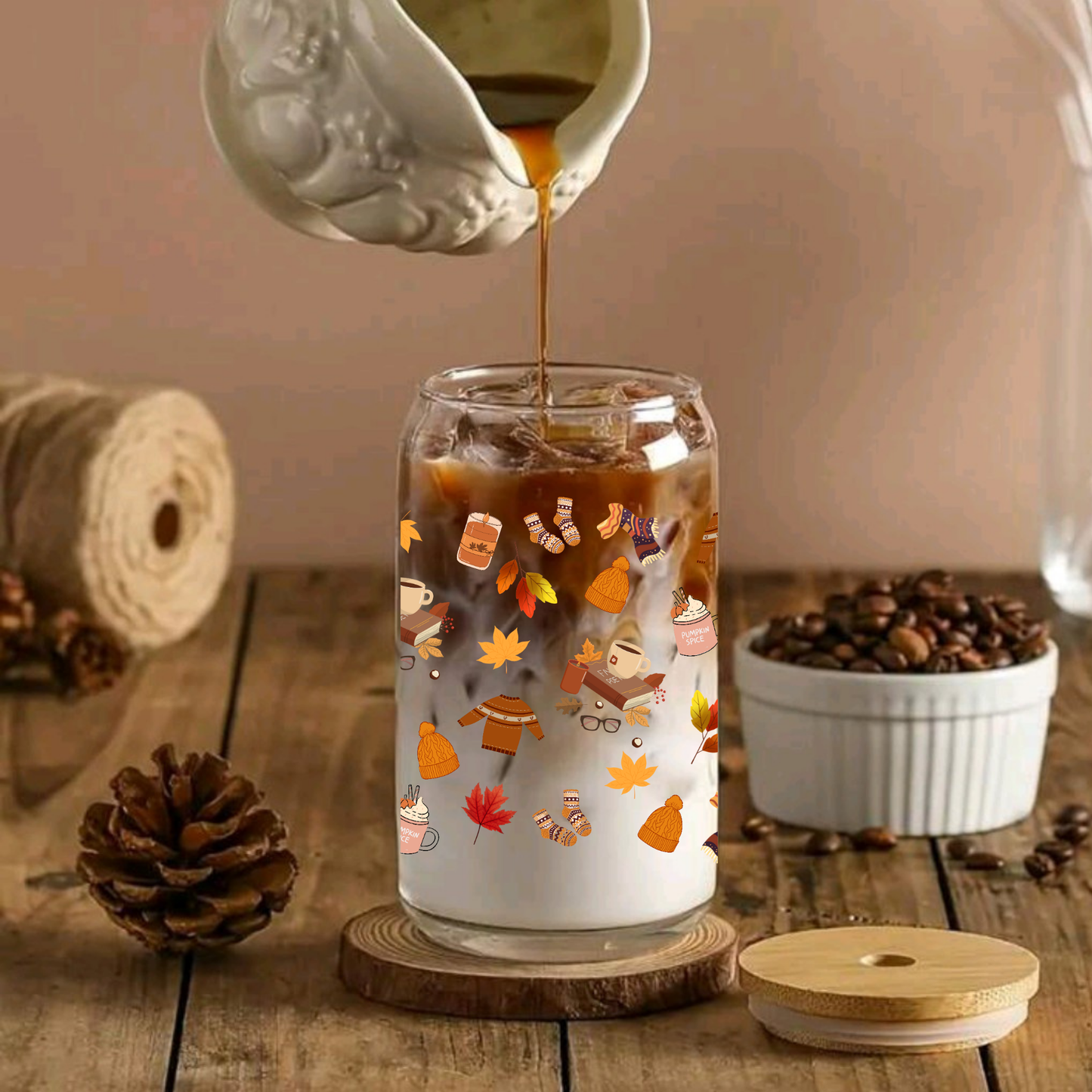 Fall Leaves Glass Cup 16oz/20oz – Clear Can Tumbler with Bamboo Lid, Straw & Brush
