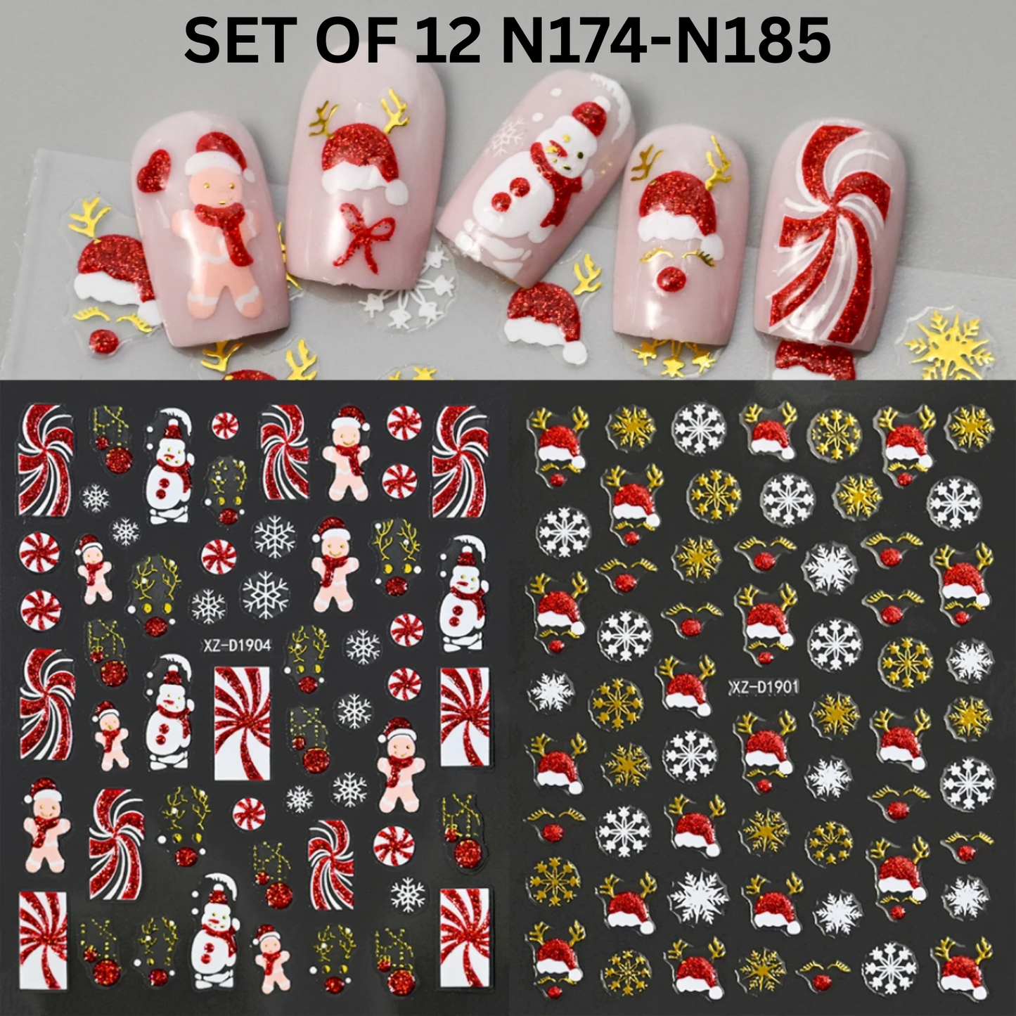 Set of 12 Christmas 3D Nail Decals – Holiday Reindeer, Candy Cane, Santa & Snowflake Designs