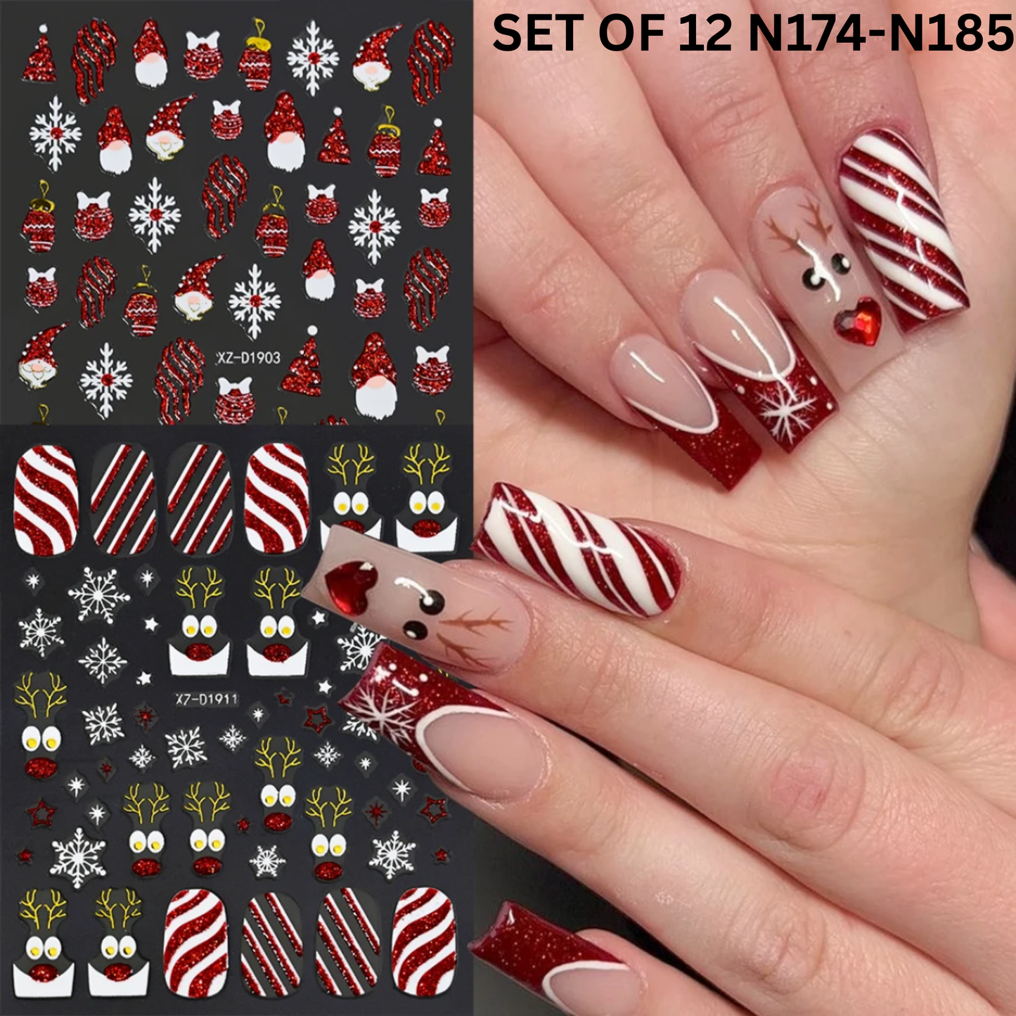 Set of 12 Christmas 3D Nail Decals – Holiday Reindeer, Candy Cane, Santa & Snowflake Designs