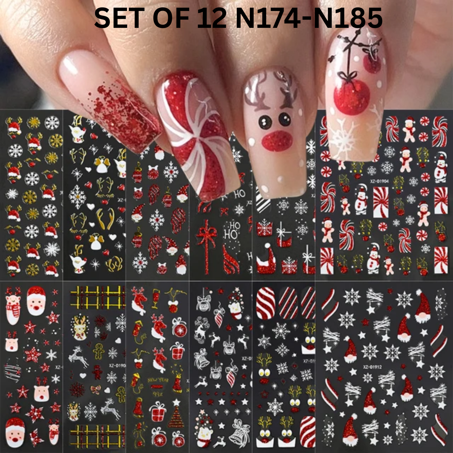 Set of 12 Christmas 3D Nail Decals – Holiday Reindeer, Candy Cane, Santa & Snowflake Designs
