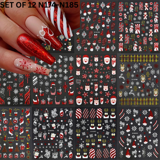 Set of 12 Christmas 3D Nail Decals – Holiday Reindeer, Candy Cane, Santa & Snowflake Designs