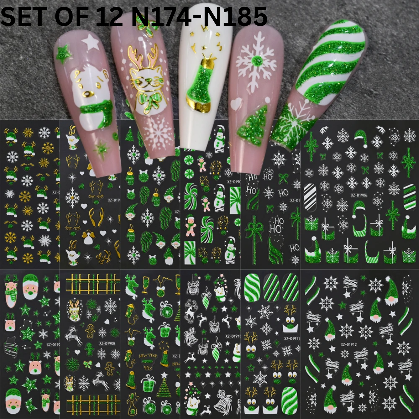 12pcs 3D Christmas Nail Decals – Santa, Snowman & Holiday Candy Design