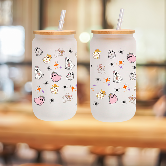 Cute Ghost Halloween Frosted Glass Tumbler Set – 16oz/20oz with Bamboo Lid & Straw