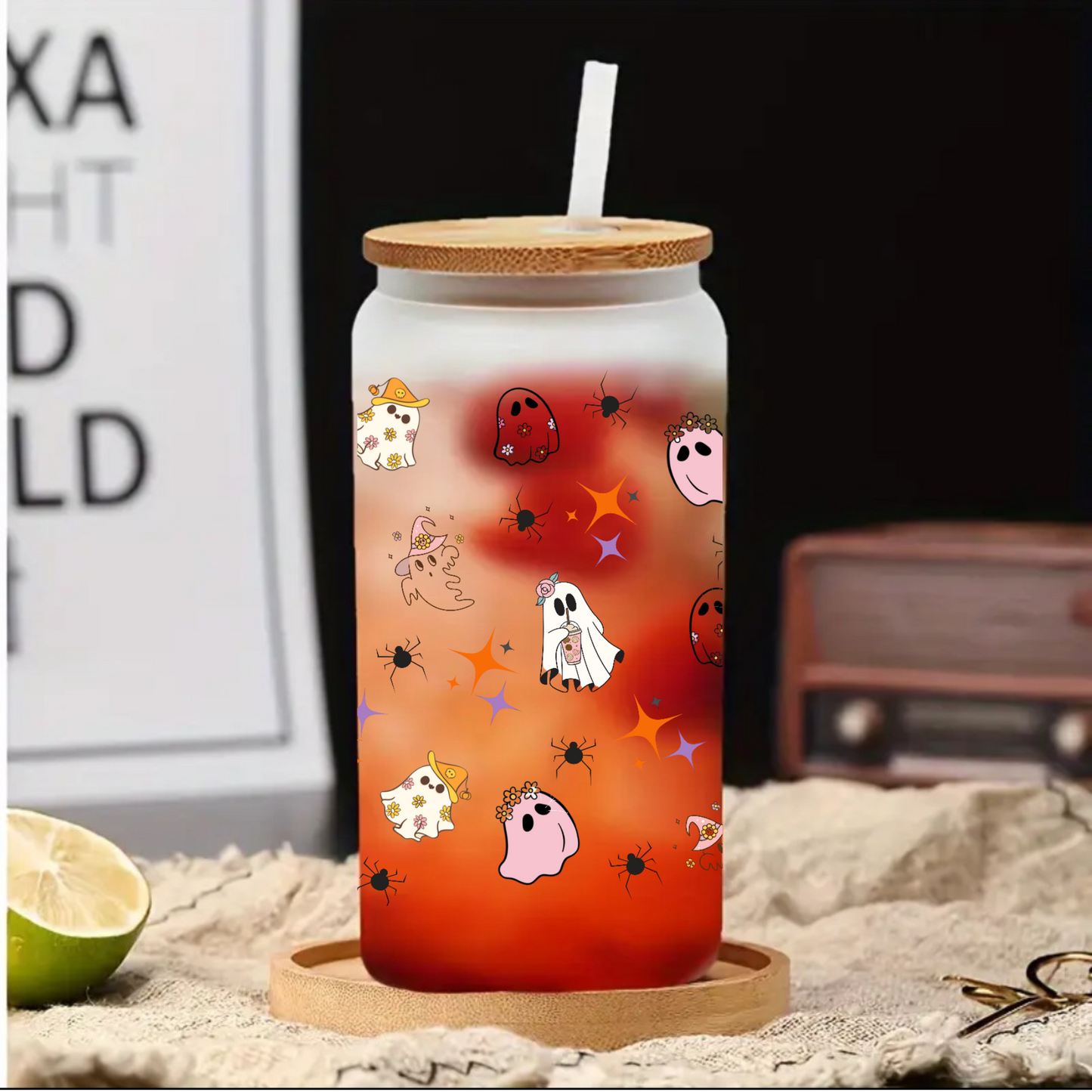 Cute Ghost Halloween Frosted Glass Tumbler Set – 16oz/20oz with Bamboo Lid & Straw