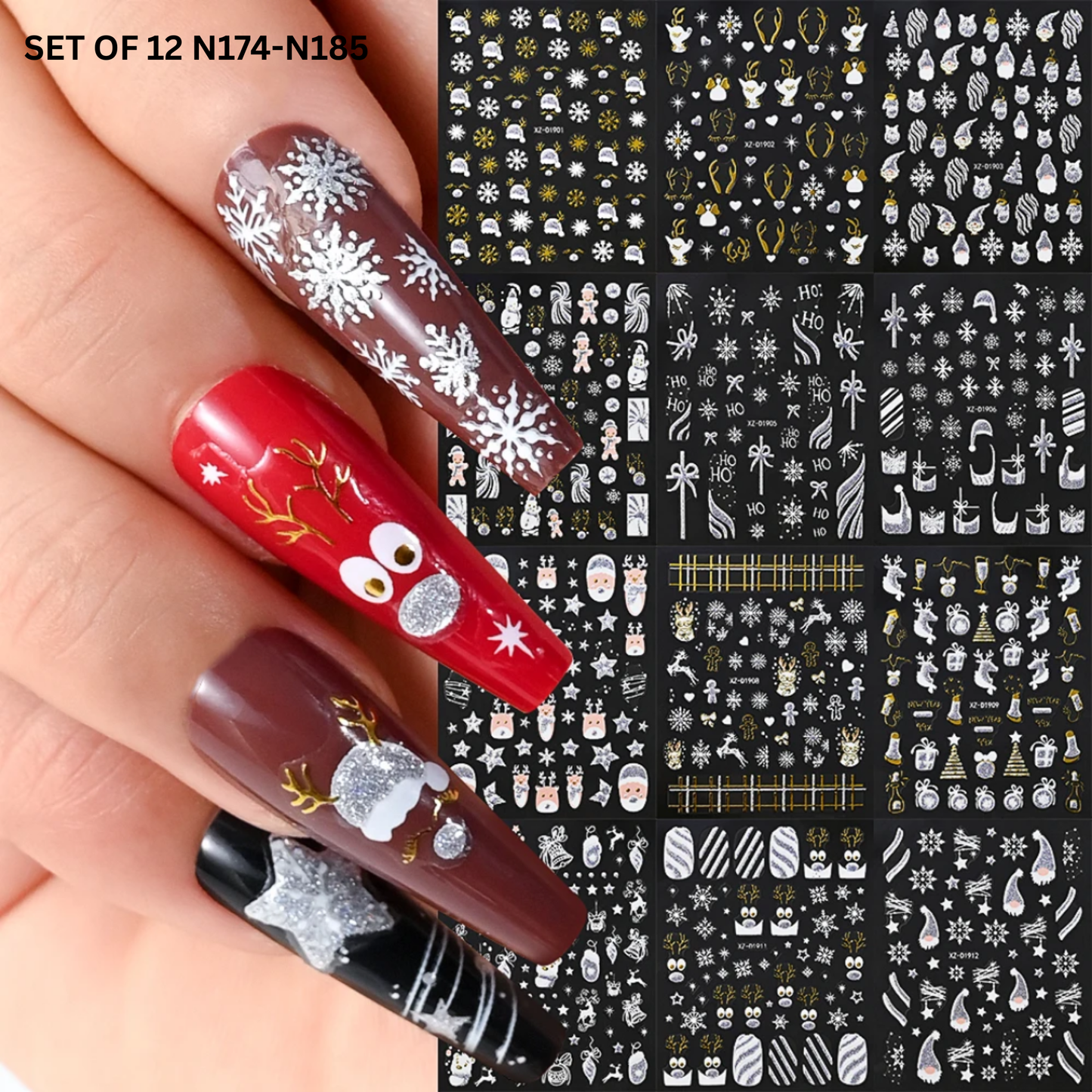 Holiday Nail Stickers 3D Set – 12 Sheets Xmas Reindeer & Snowflake Decals