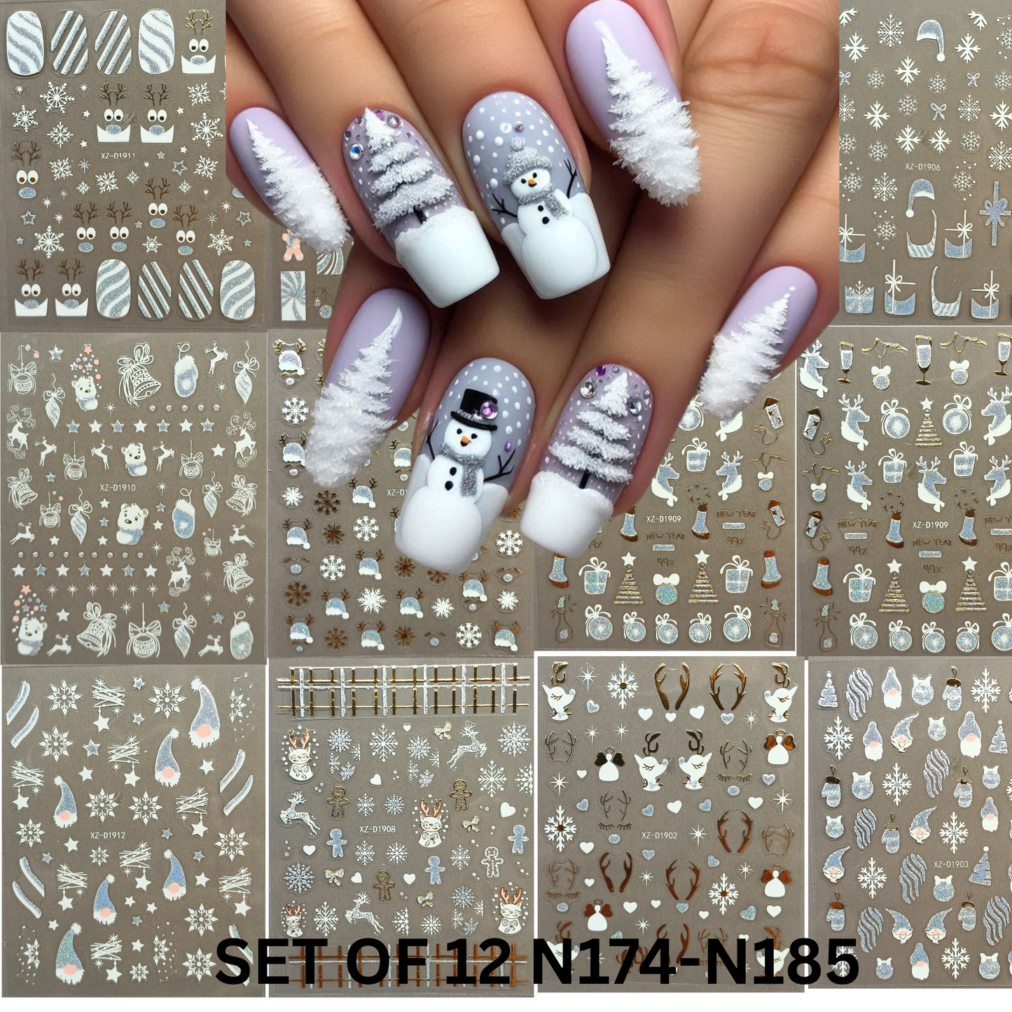 Holiday Nail Stickers 3D Set – 12 Sheets Xmas Reindeer & Snowflake Decals