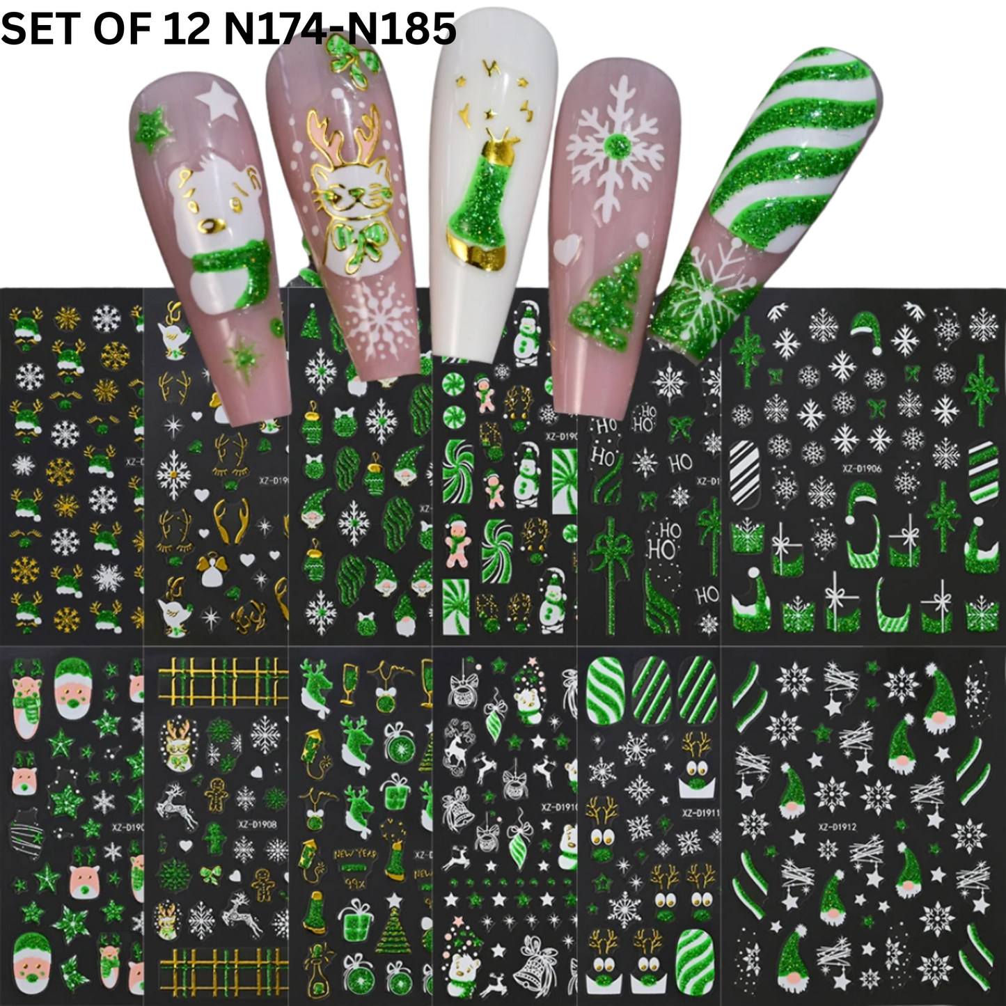 12pcs 3D Christmas Nail Decals – Santa, Snowman & Holiday Candy Design