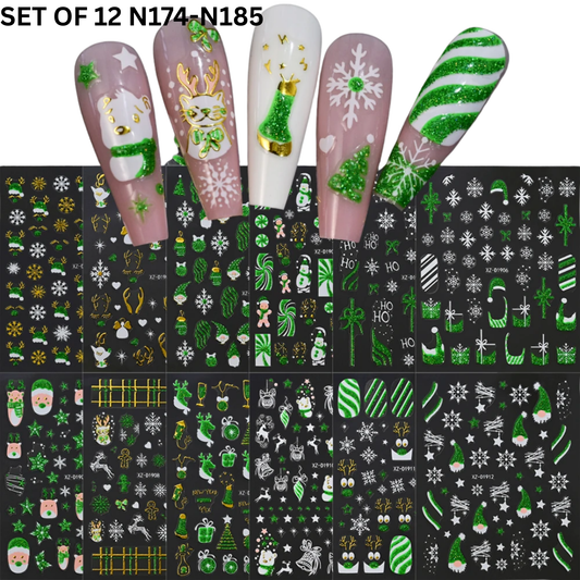 12pcs 3D Christmas Nail Decals – Santa, Snowman & Holiday Candy Design