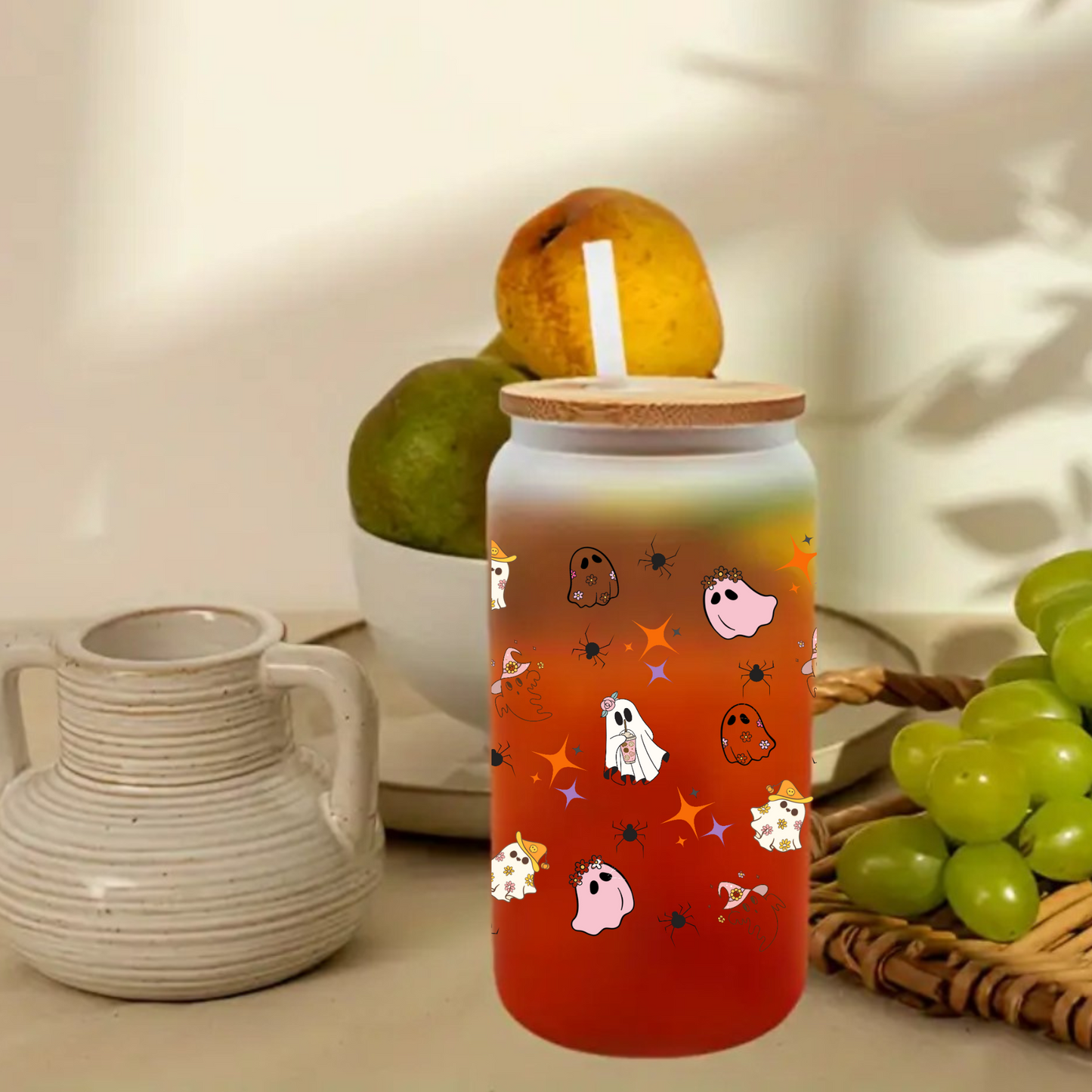 Cute Ghost Halloween Frosted Glass Tumbler Set – 16oz/20oz with Bamboo Lid & Straw