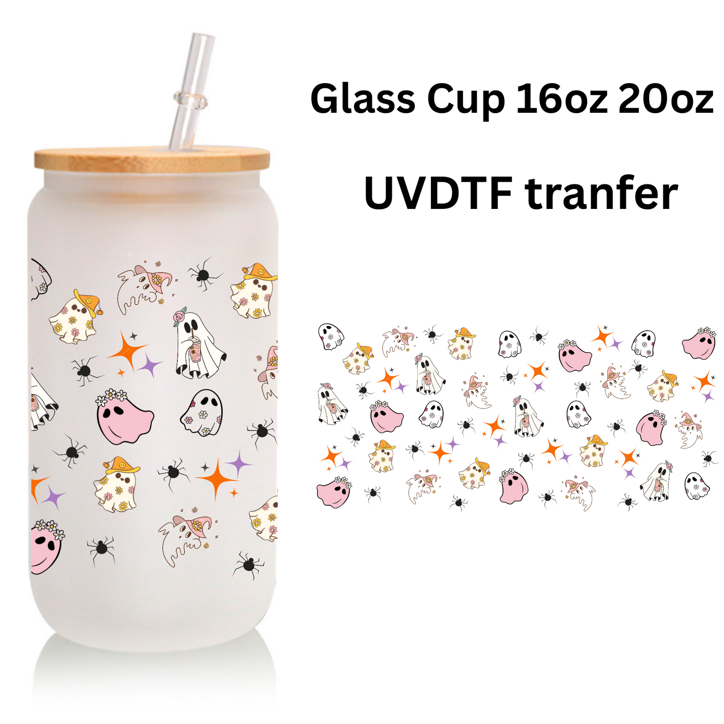 Cute Ghost Halloween Frosted Glass Tumbler Set – 16oz/20oz with Bamboo Lid & Straw