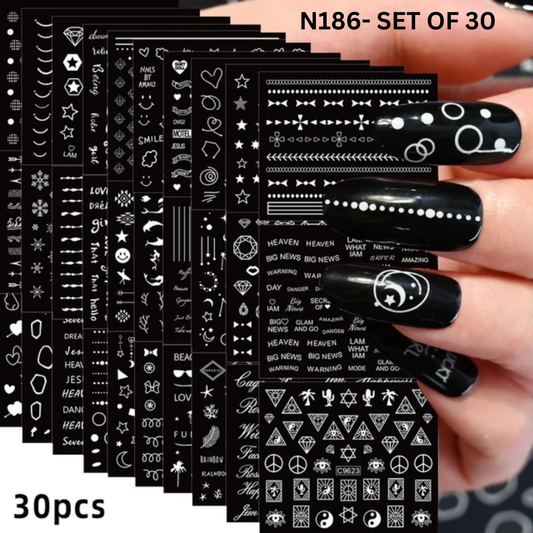 3D Nail Stickers Set of 30 – Gold, Silver, Black & White Nail Art Decals