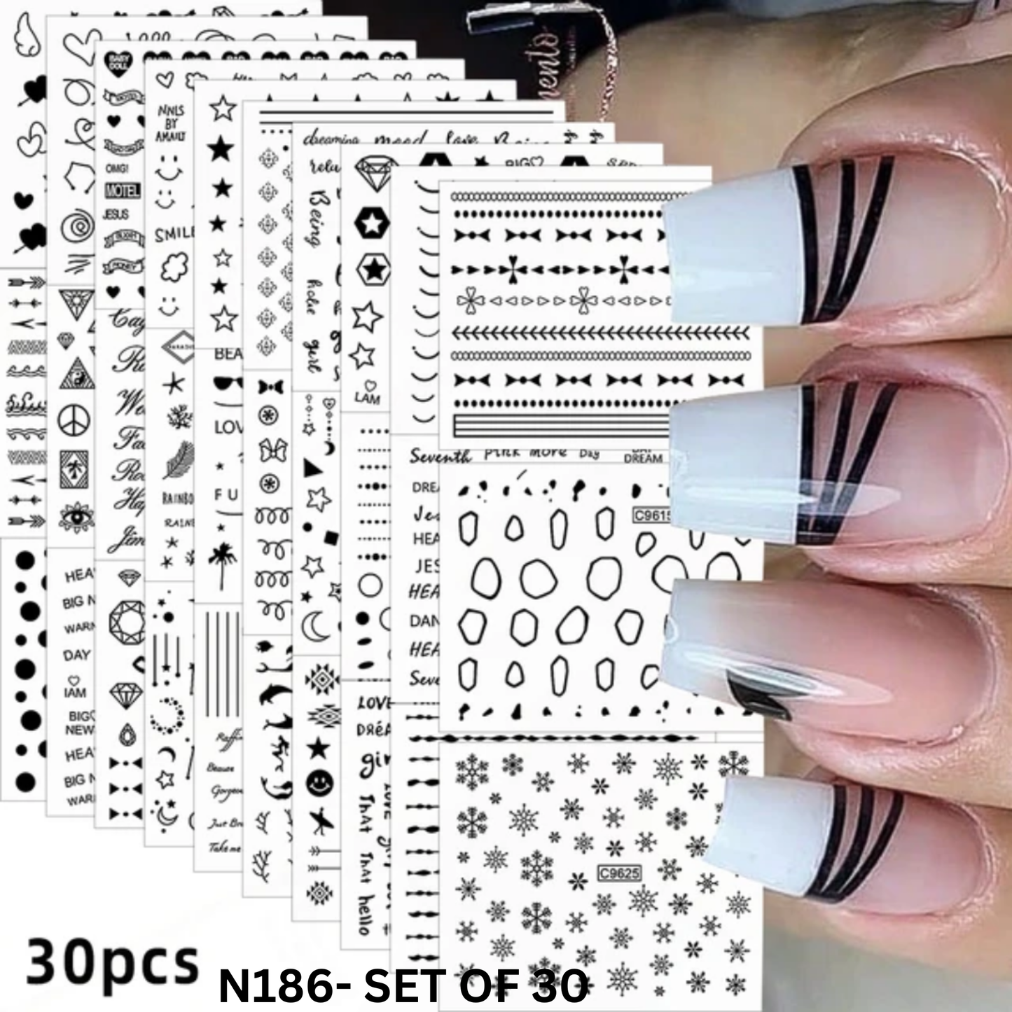 3D Nail Stickers Set of 30 – Gold, Silver, Black & White Nail Art Decals