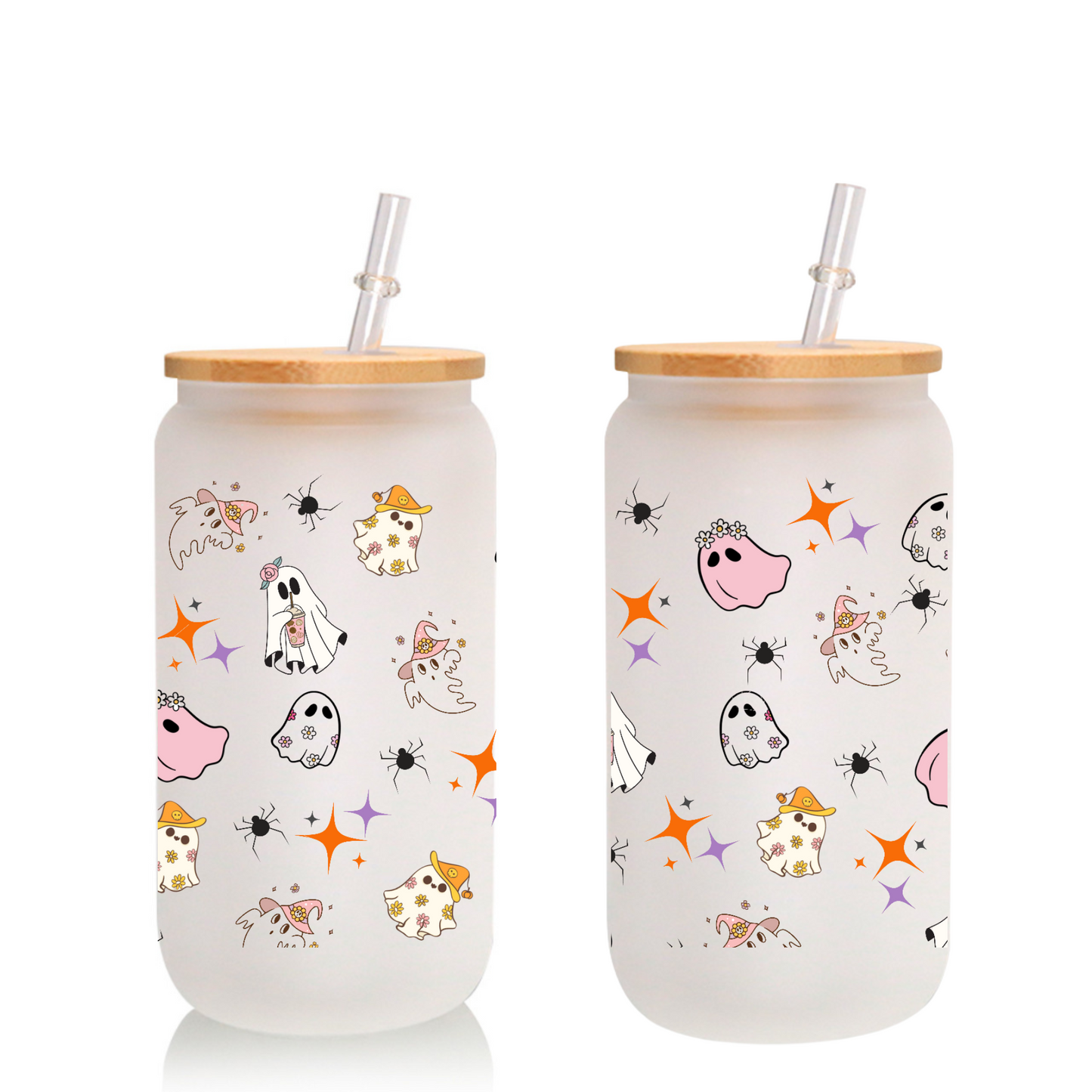 Cute Ghost Halloween Frosted Glass Tumbler Set – 16oz/20oz with Bamboo Lid & Straw