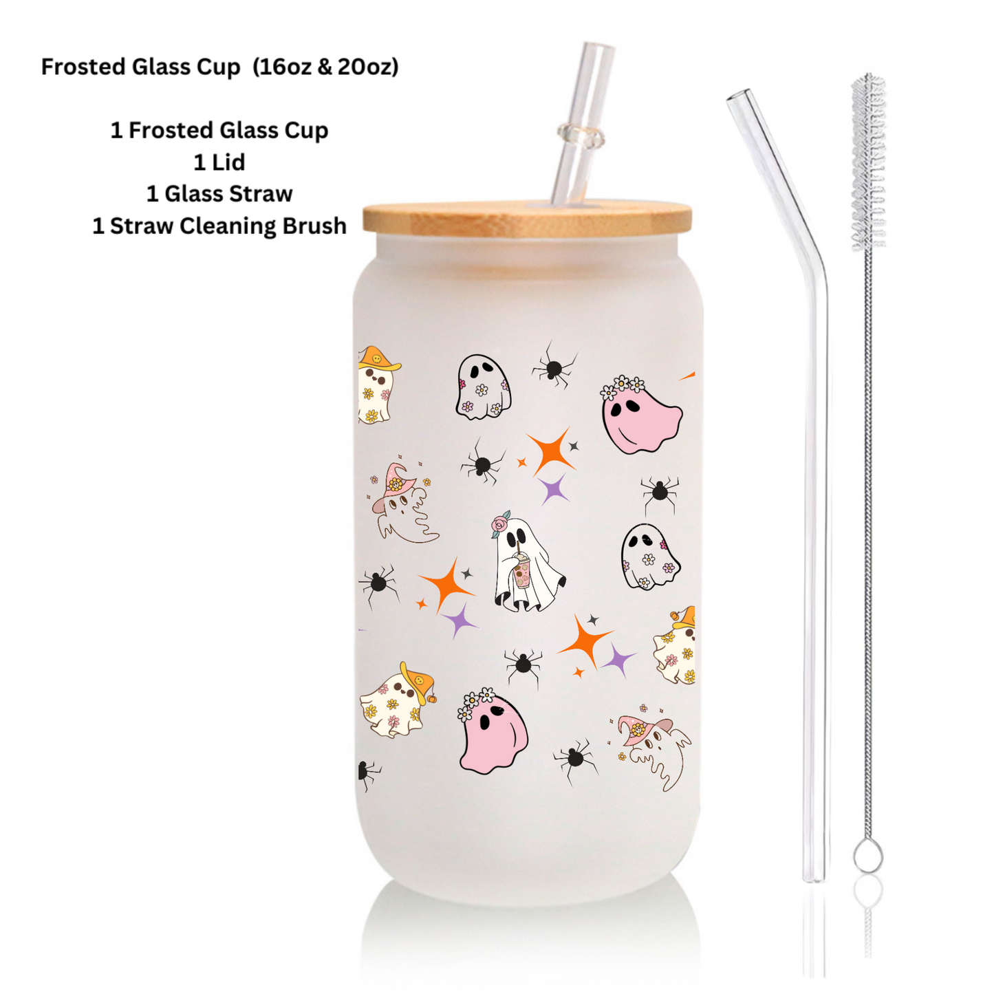Cute Ghost Halloween Frosted Glass Tumbler Set – 16oz/20oz with Bamboo Lid & Straw