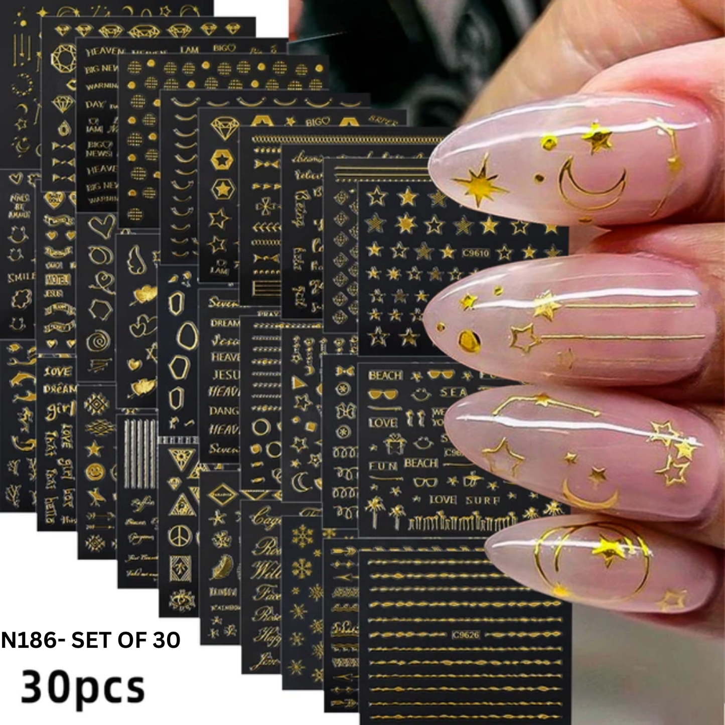 3D Nail Stickers Set of 30 – Gold, Silver, Black & White Nail Art Decals
