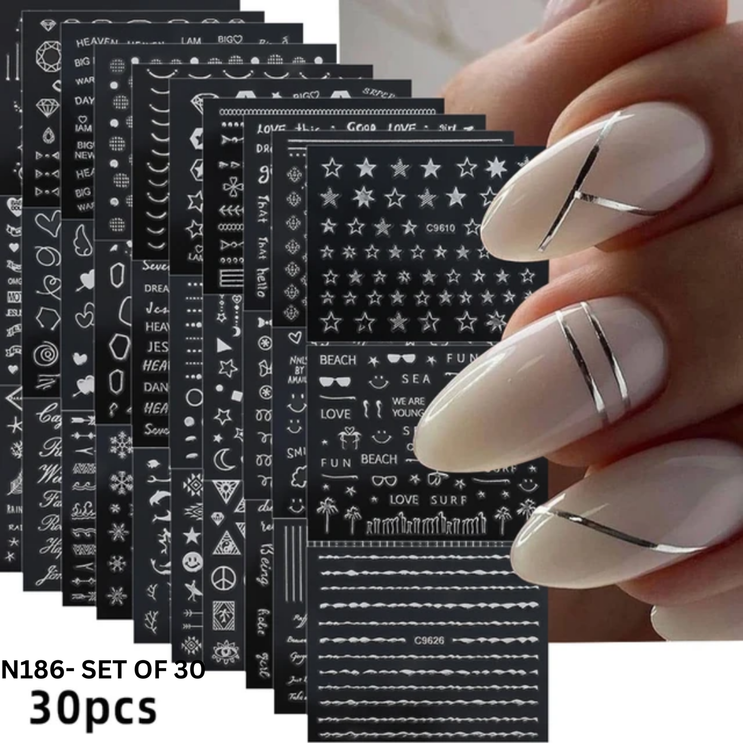 3D Nail Stickers Set of 30 – Gold, Silver, Black & White Nail Art Decals