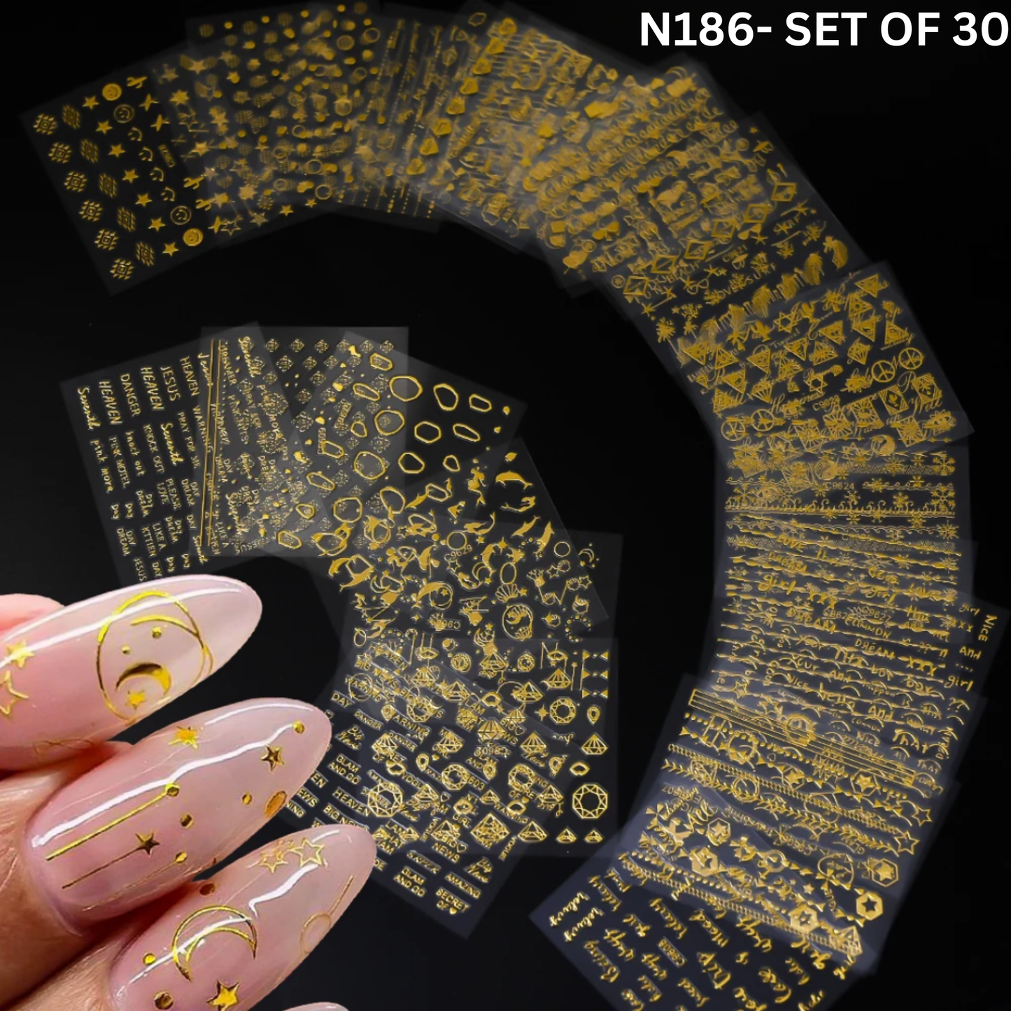 3D Nail Stickers Set of 30 – Gold, Silver, Black & White Nail Art Decals