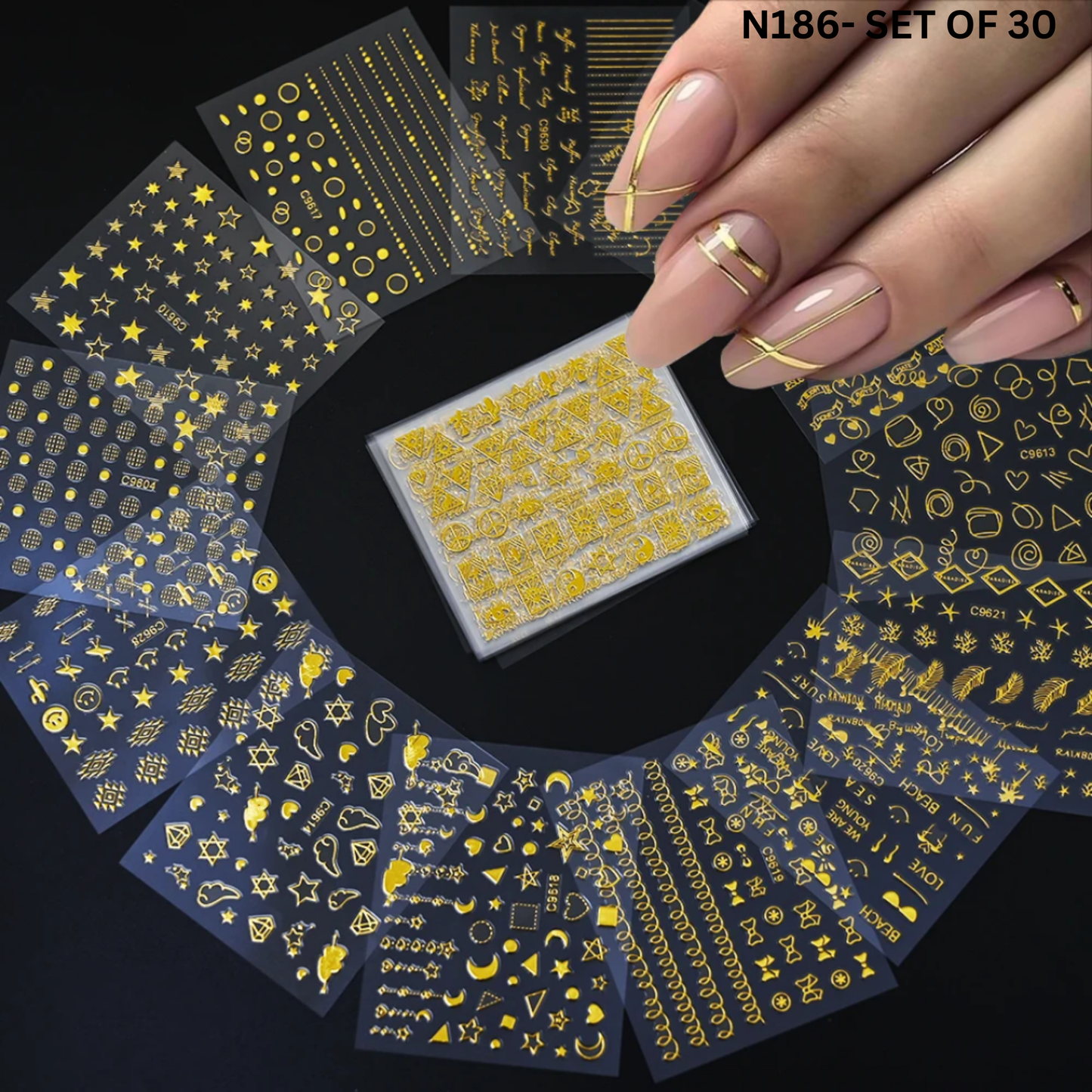 3D Nail Stickers Set of 30 – Gold, Silver, Black & White Nail Art Decals