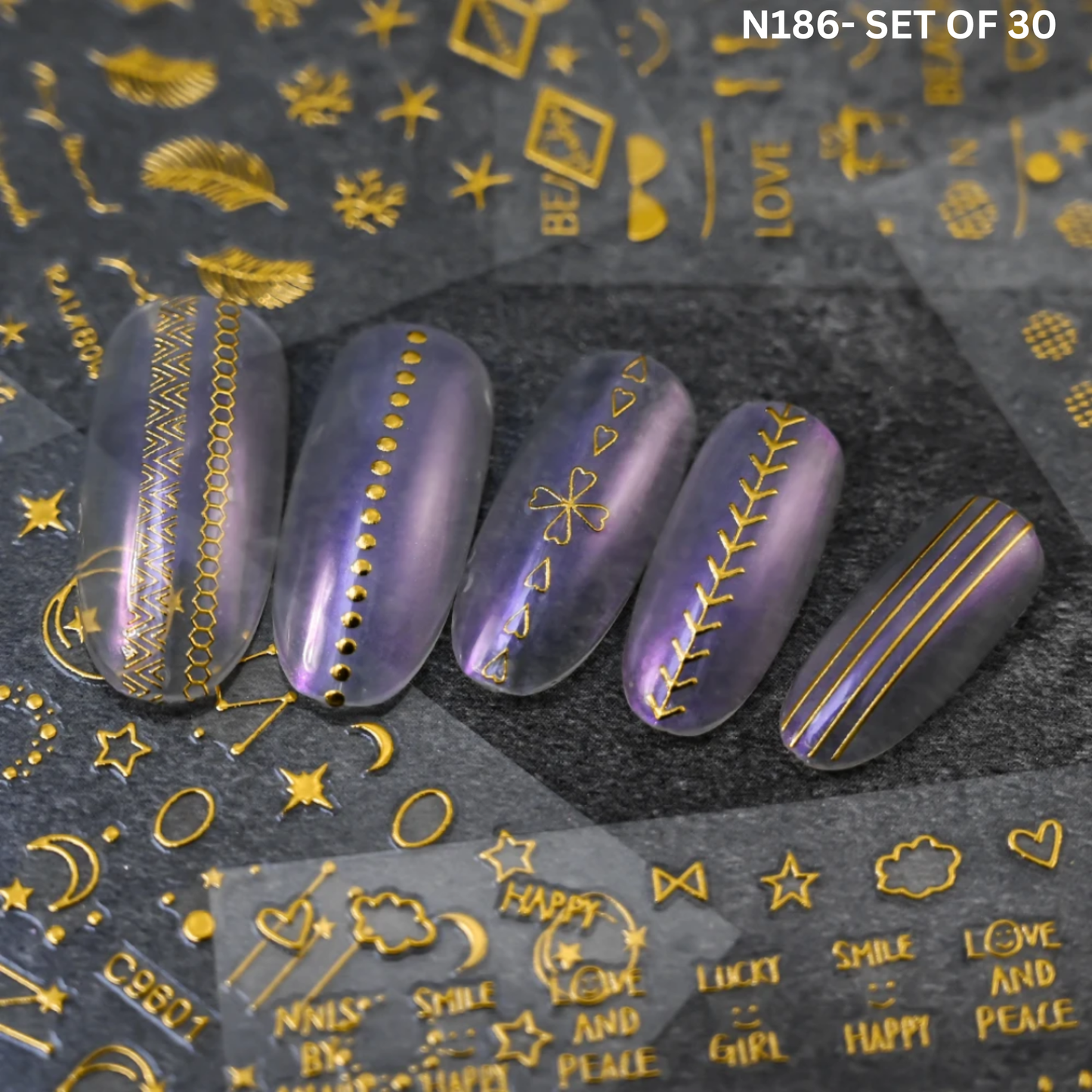 3D Nail Stickers Set of 30 – Gold, Silver, Black & White Nail Art Decals