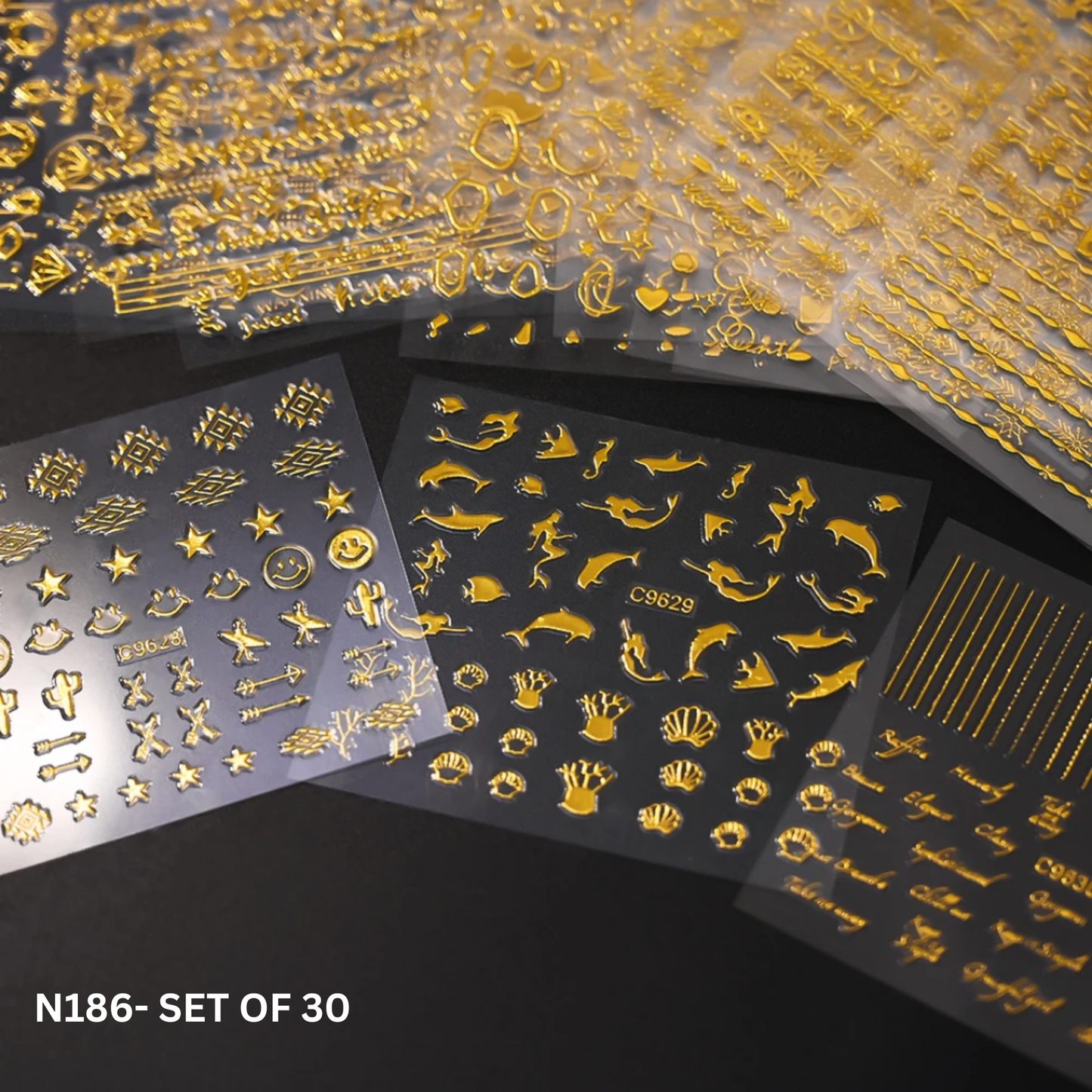 3D Nail Stickers Set of 30 – Gold, Silver, Black & White Nail Art Decals