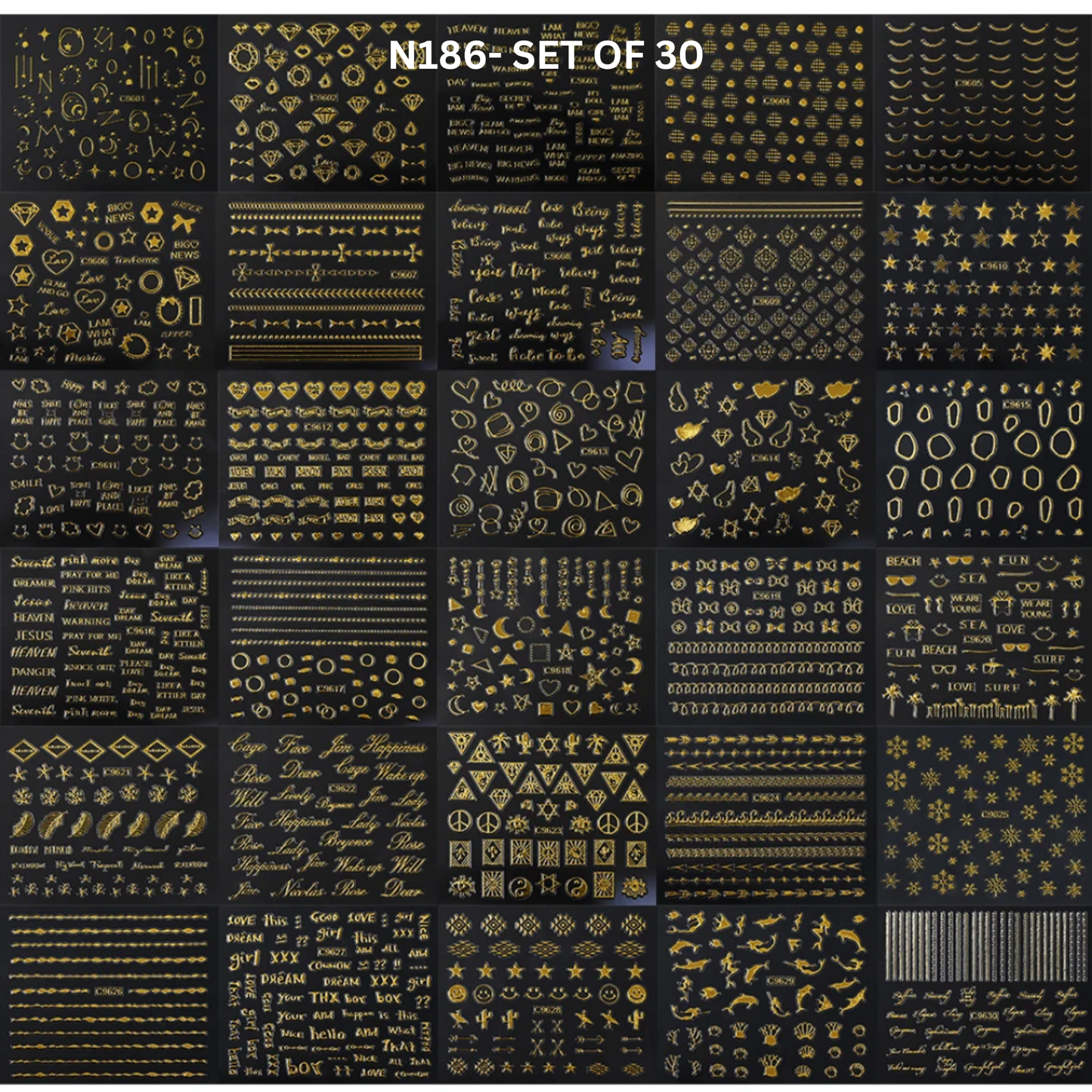 3D Nail Stickers Set of 30 – Gold, Silver, Black & White Nail Art Decals