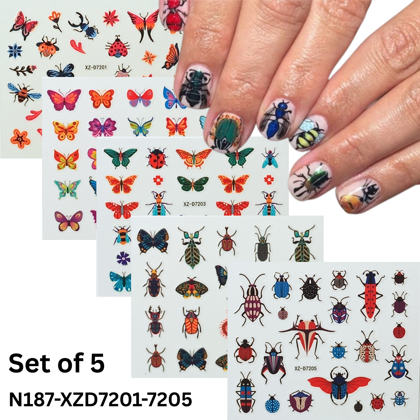 Insect & Butterfly Nail Stickers Set of 5 – Colorful 3D Nail Decals