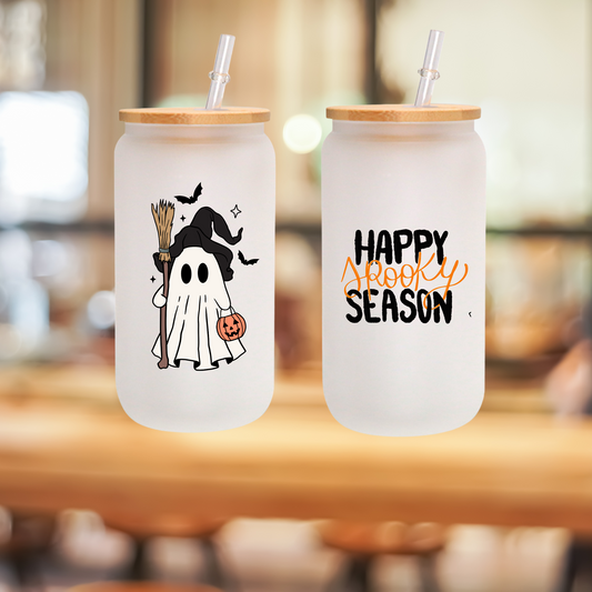 Halloween Frosted Glass Can Cup with Bamboo Lid & Straw – Ghost Witch & “Happy Spooky Season” (16oz / 20oz)
