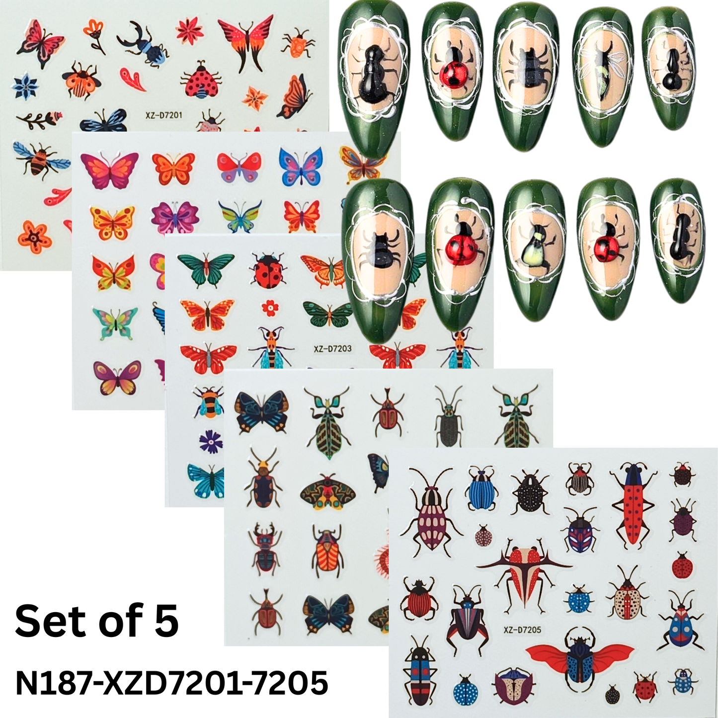 Insect & Butterfly Nail Stickers Set of 5 – Colorful 3D Nail Decals