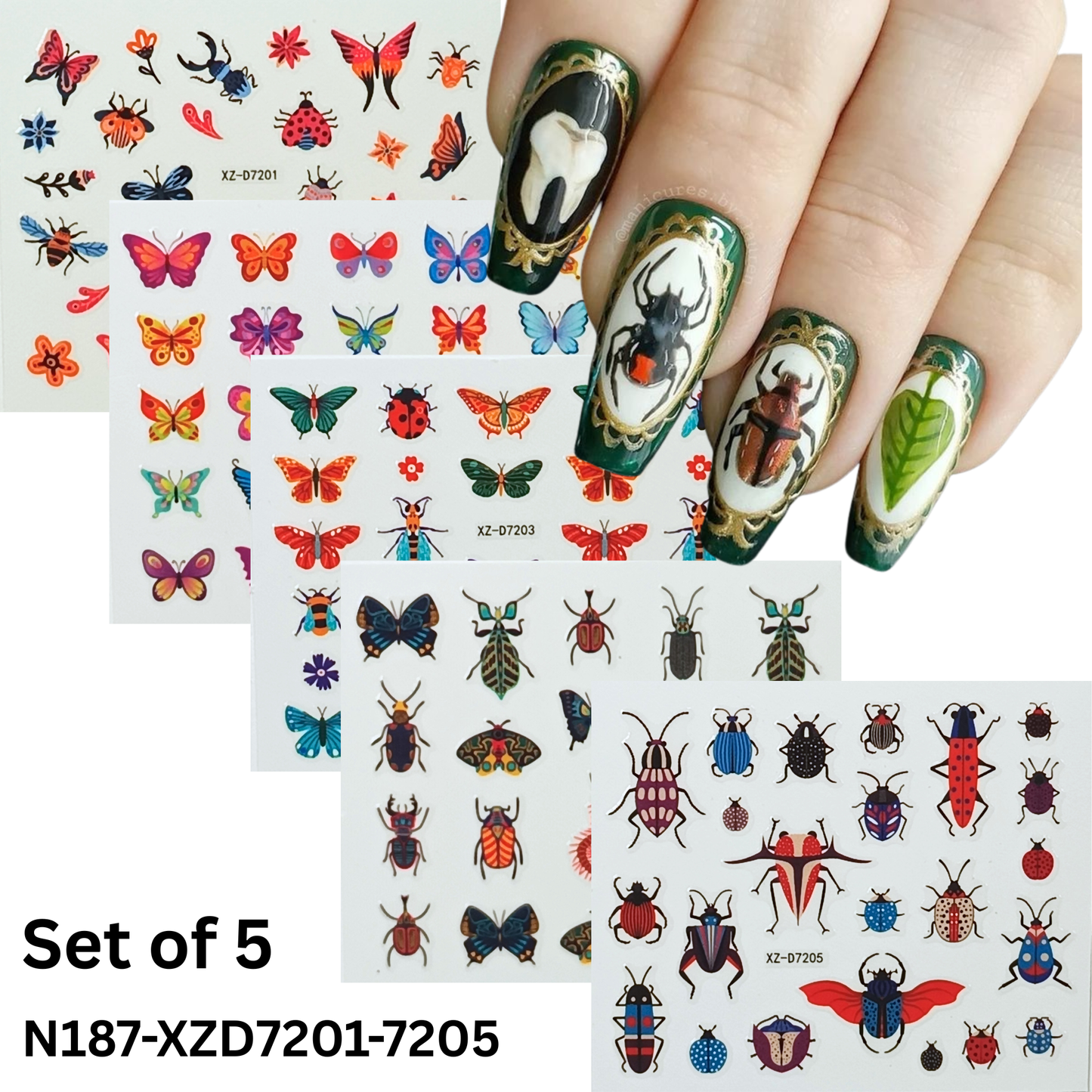 Insect & Butterfly Nail Stickers Set of 5 – Colorful 3D Nail Decals