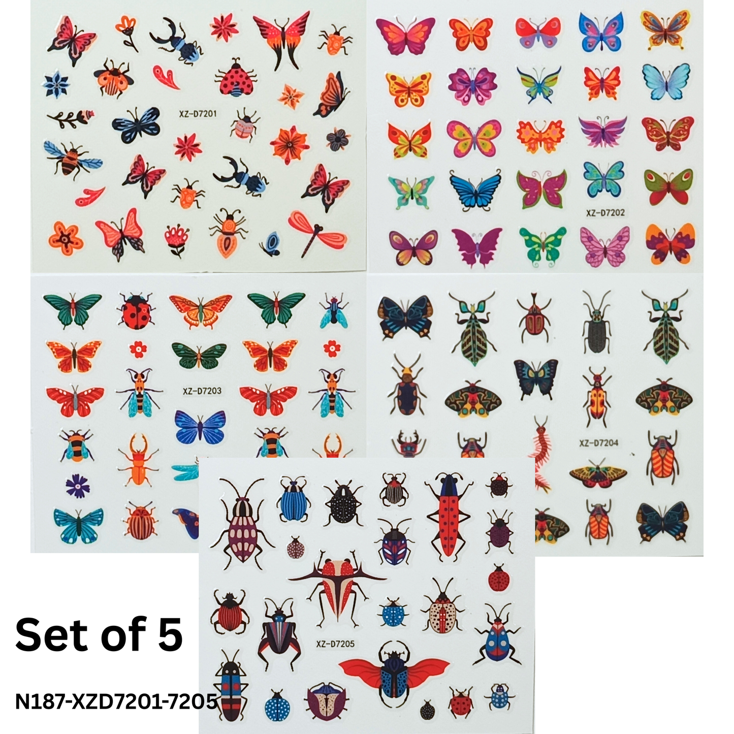 Insect & Butterfly Nail Stickers Set of 5 – Colorful 3D Nail Decals