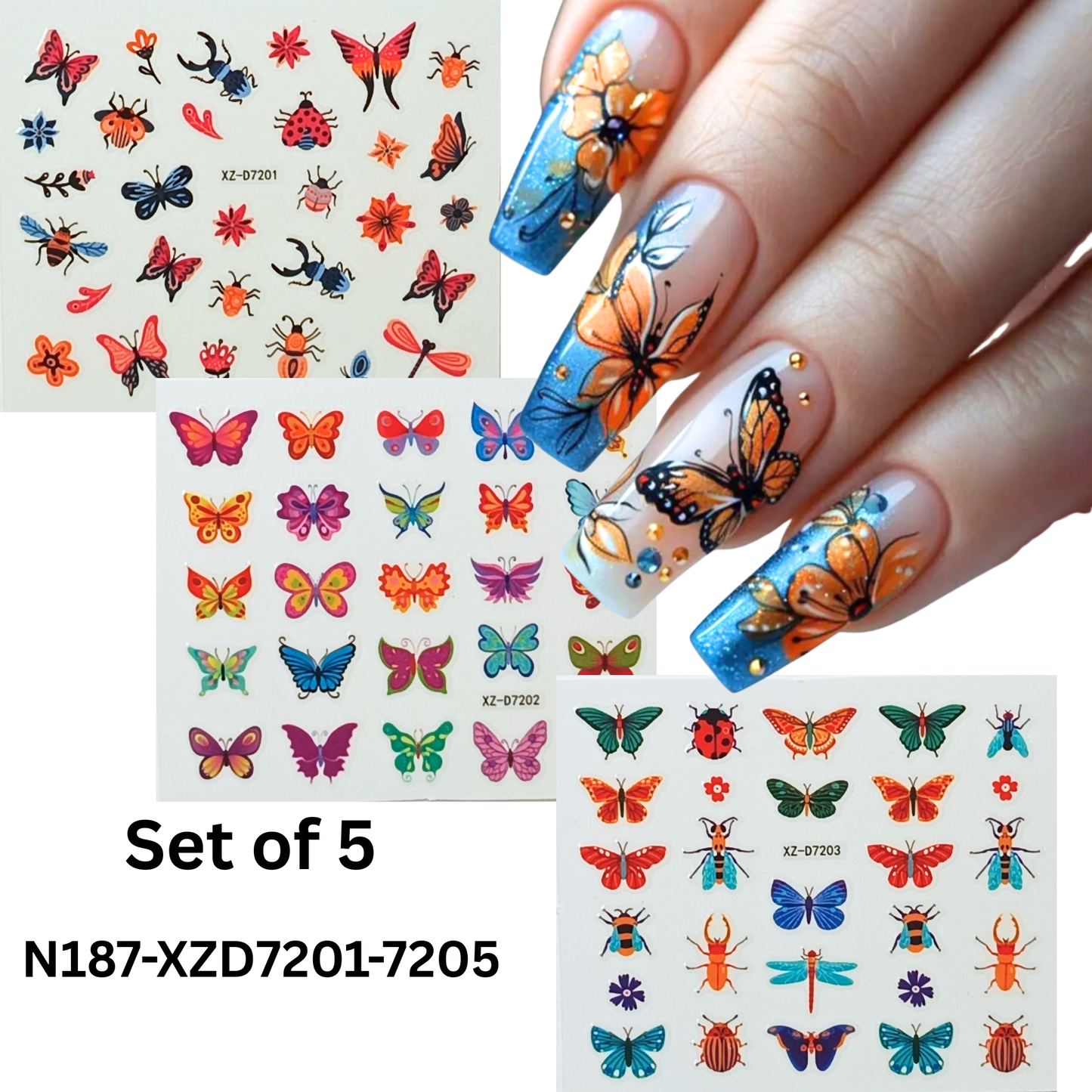 Insect & Butterfly Nail Stickers Set of 5 – Colorful 3D Nail Decals