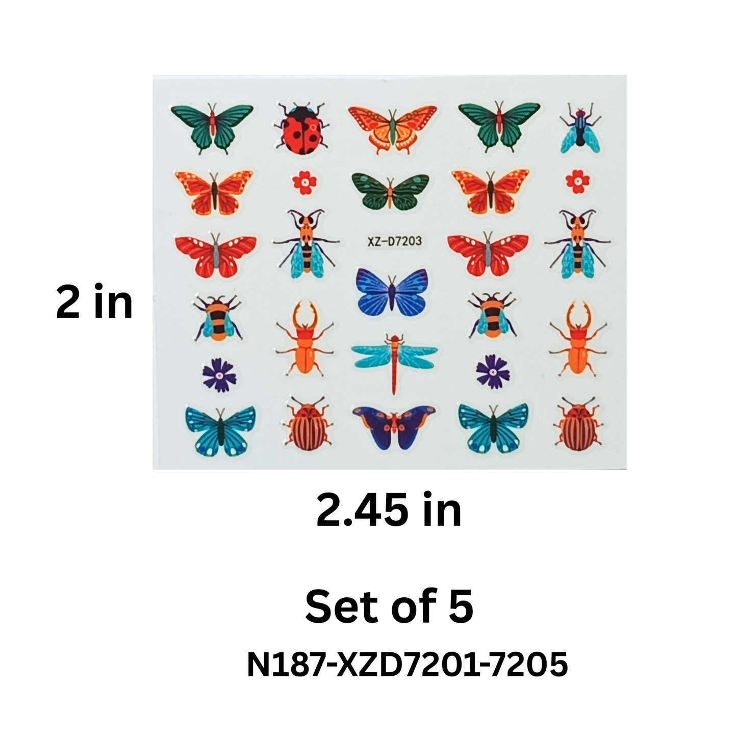 Insect & Butterfly Nail Stickers Set of 5 – Colorful 3D Nail Decals