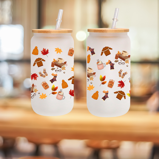 Fall Leaves Frosted Glass Tumbler 16oz/20oz – Clear Can Cup with Bamboo Lid, Straw & Cleaning Brush, Autumn Drinkware