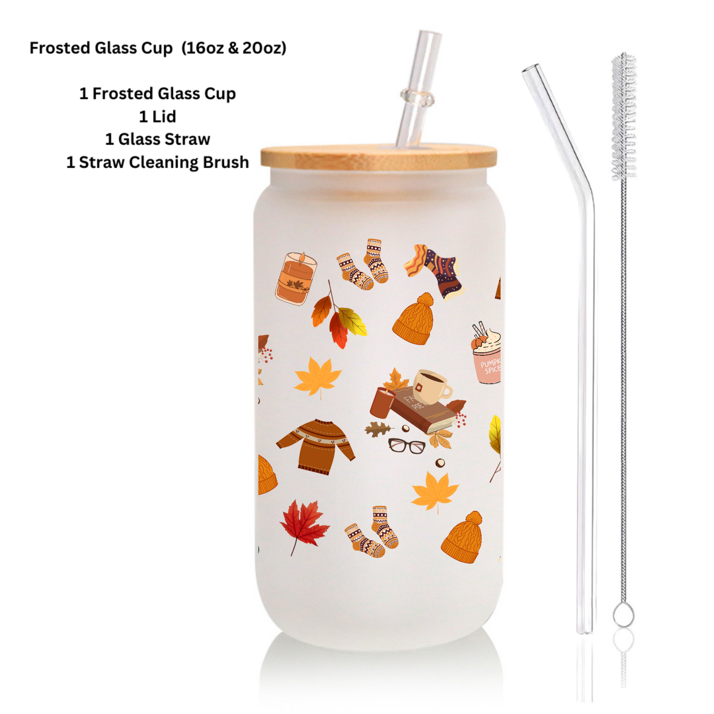 Fall Leaves Frosted Glass Tumbler 16oz/20oz – Clear Can Cup with Bamboo Lid, Straw & Cleaning Brush, Autumn Drinkware