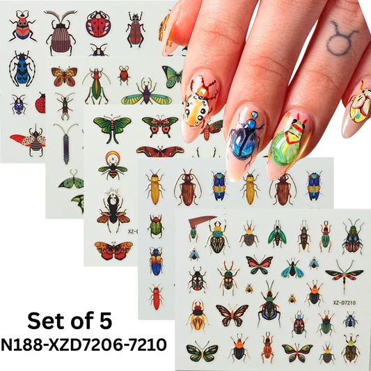 5 Sheets 3D Insect Nail Stickers Set – Butterflies, Beetles, Ladybugs & More