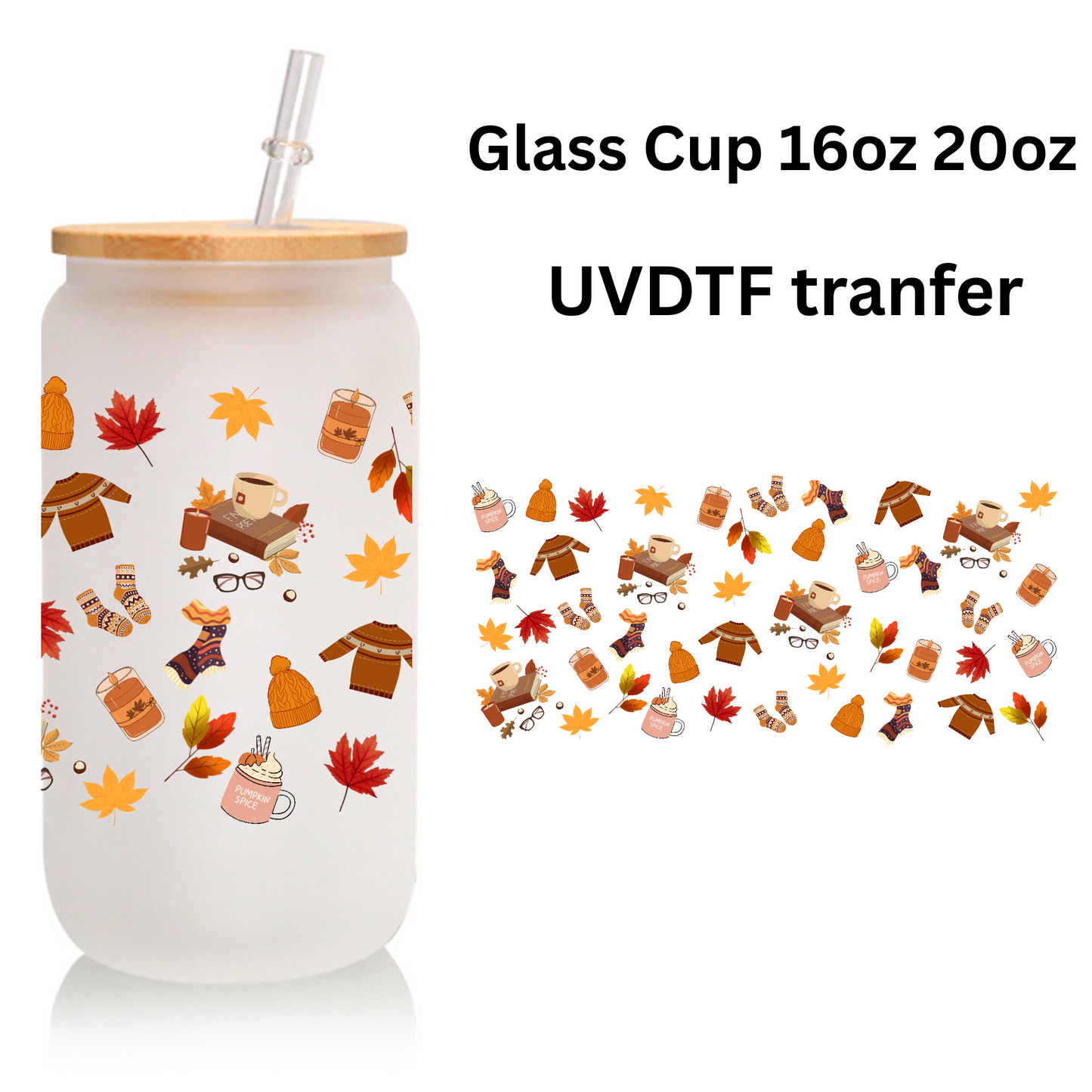 Fall Leaves Frosted Glass Tumbler 16oz/20oz – Clear Can Cup with Bamboo Lid, Straw & Cleaning Brush, Autumn Drinkware