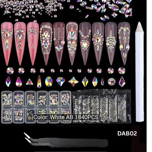 Luxury Crystal Glass 1840 Pcs Rhinestones Set with Picker Pencil Tweezers Tool Kit Nail Art Craft DIY