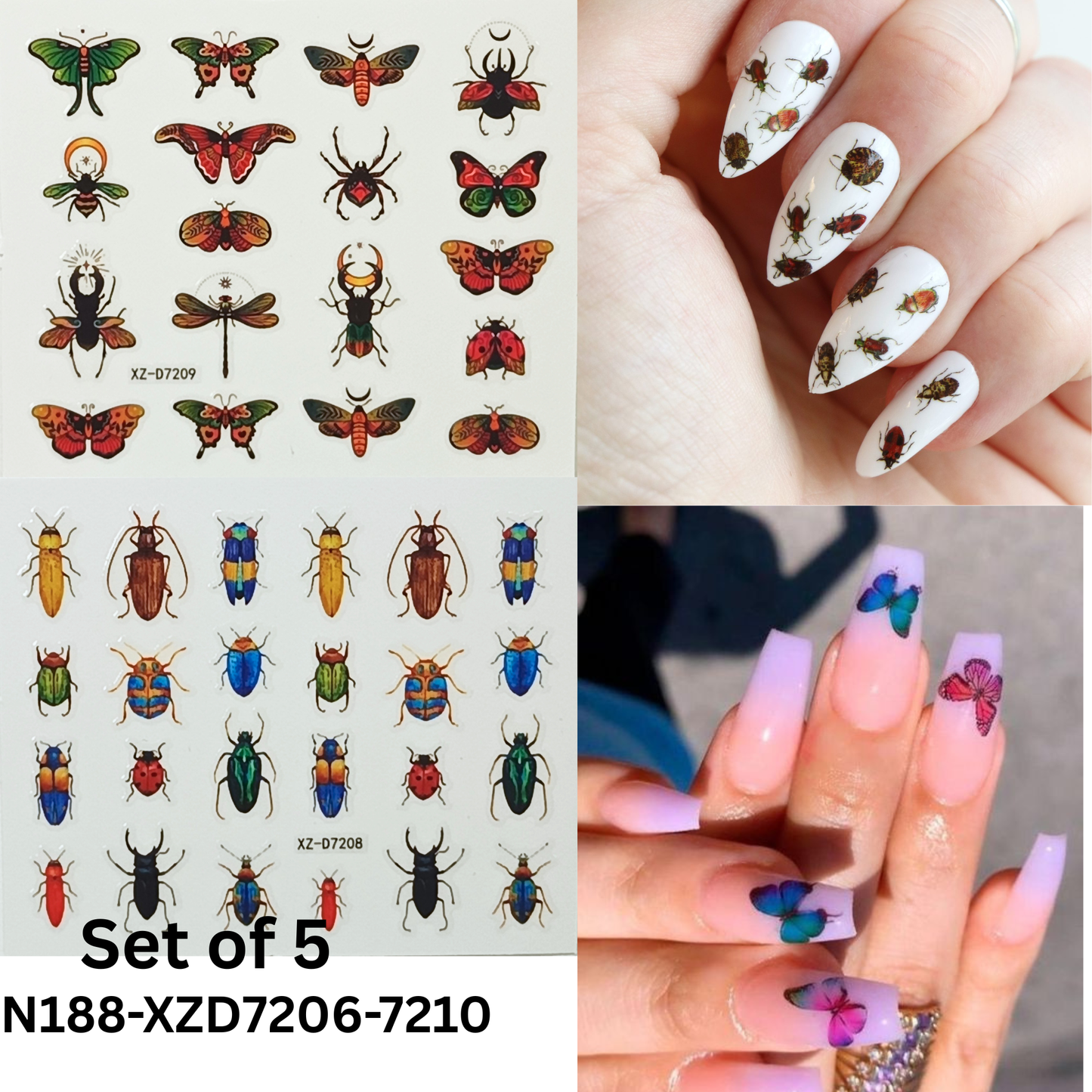 5 Sheets 3D Insect Nail Stickers Set – Butterflies, Beetles, Ladybugs & More