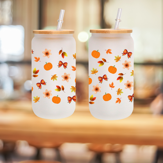 Autumn Leaves & Pumpkin Glass Cup 16oz/20oz – Clear Tumbler with Bamboo Lid, Straw & Brush, Fall Flowers Design