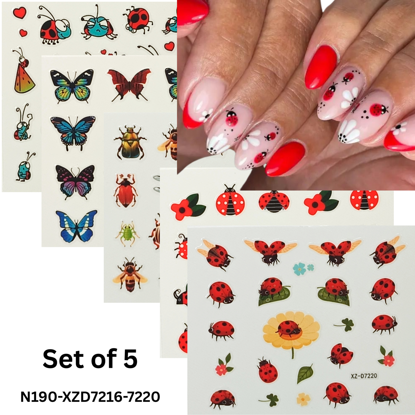 5 Sheets 3D Insect Nail Stickers Set – Butterflies, Beetles, Ladybugs & More