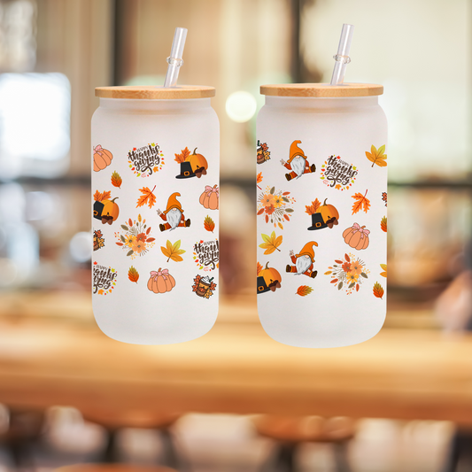 Thanksgiving Frosted Glass Cup 16oz/20oz – Clear Tumbler with Fall Leaves, Pumpkin & Hat Design, Bamboo Lid & Straw