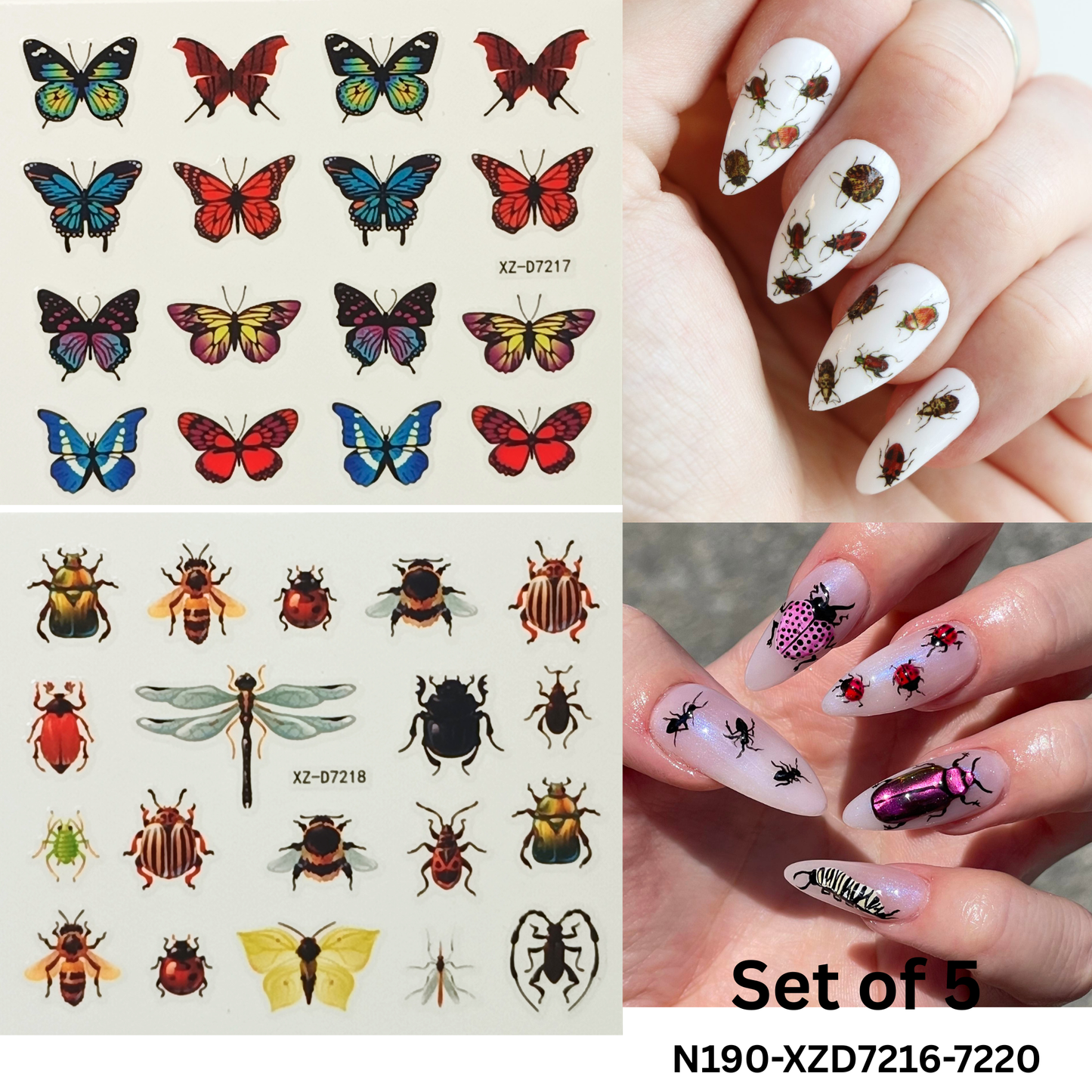 5 Sheets 3D Insect Nail Stickers Set – Butterflies, Beetles, Ladybugs & More