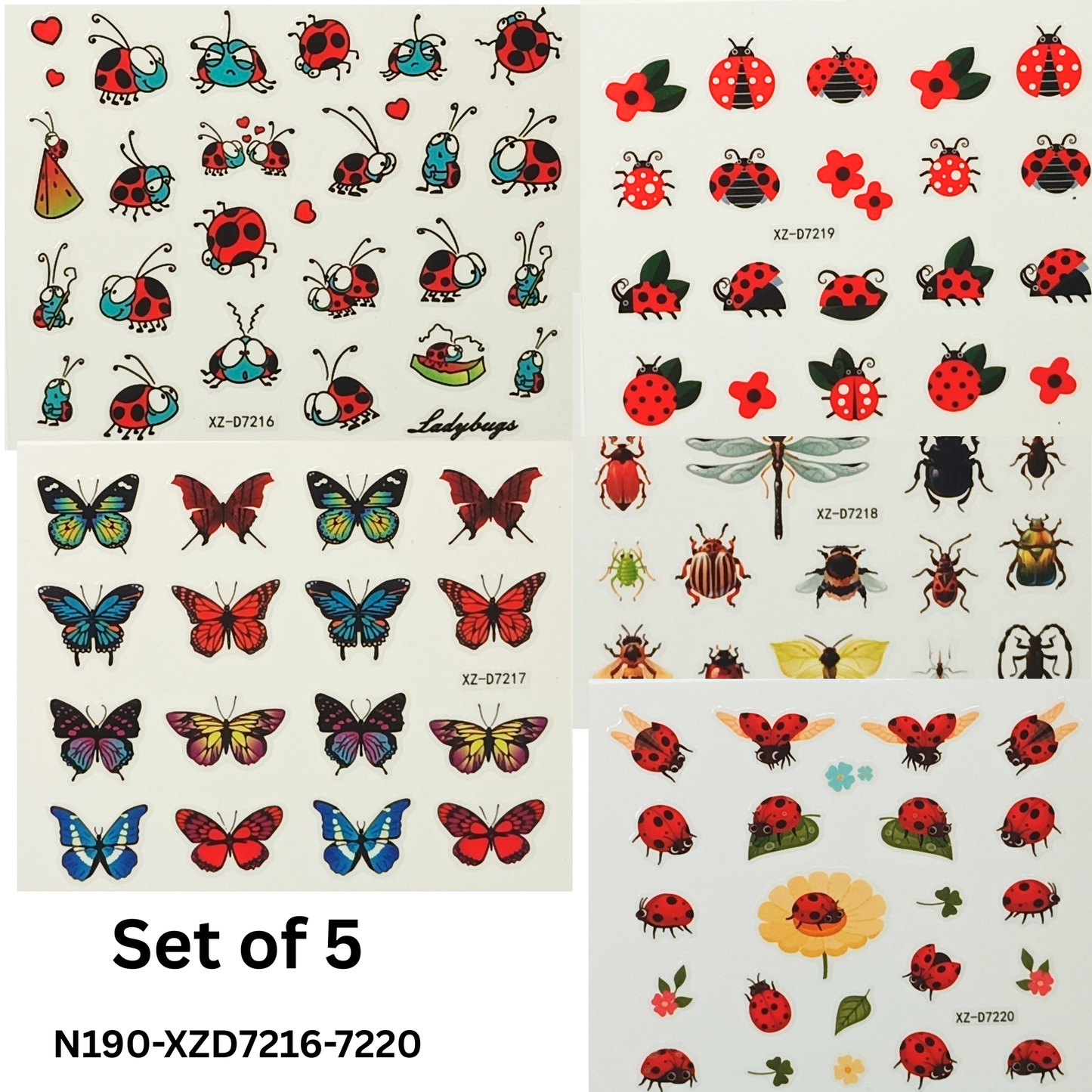 5 Sheets 3D Insect Nail Stickers Set – Butterflies, Beetles, Ladybugs & More